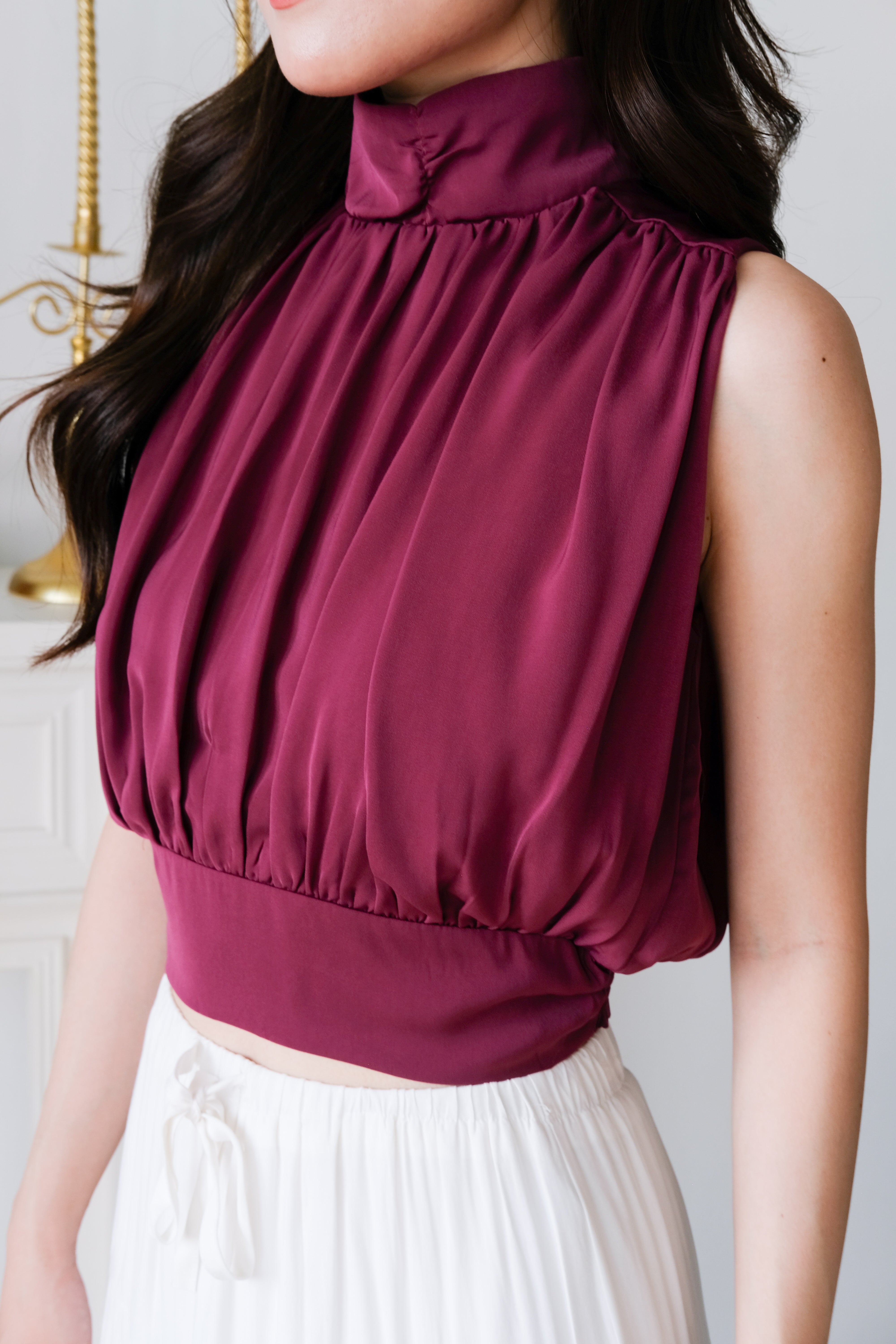 Gabine High Neck Ruched Top (Wine)