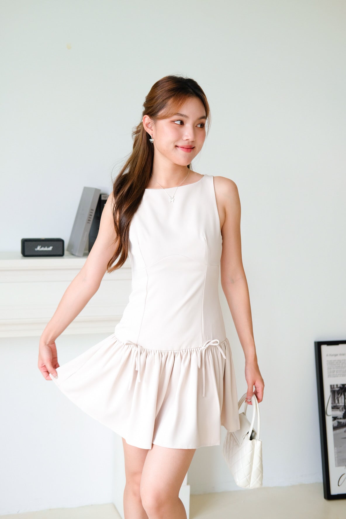 Lynette Low Waist Ribbon Dress (Ecru)