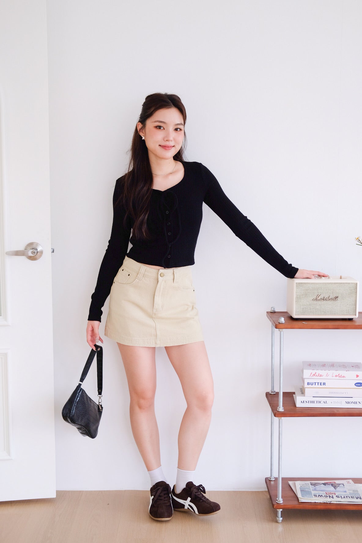 Coco Ribbon Long Sleeve Knit Top (Black)