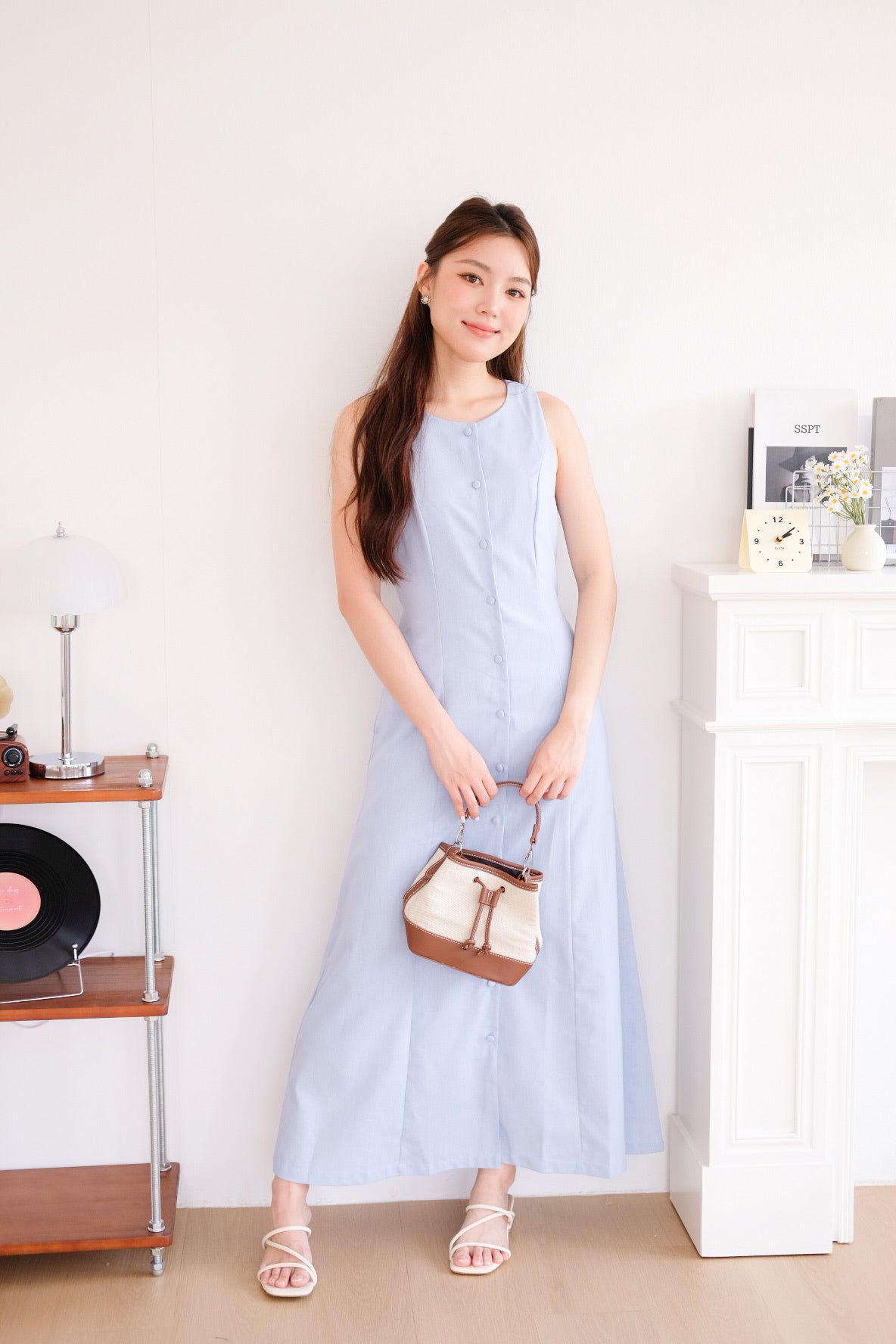 Arlette Button Linen Maxi Dress (Sky Blue)
