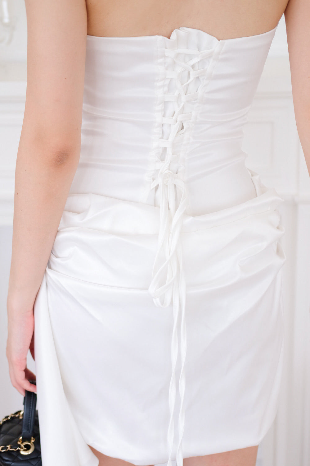 Gabriella Ruched Tube Satin Mini Dress (White)