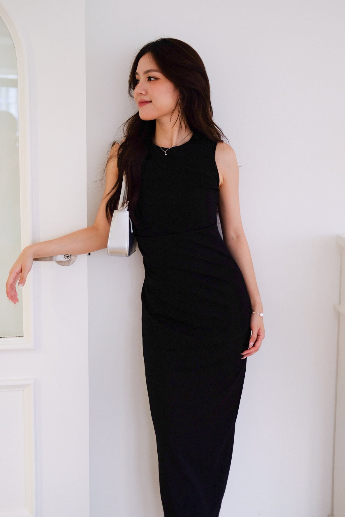 Brianna Ruched Jewel Bodycon Maxi Dress (Black)