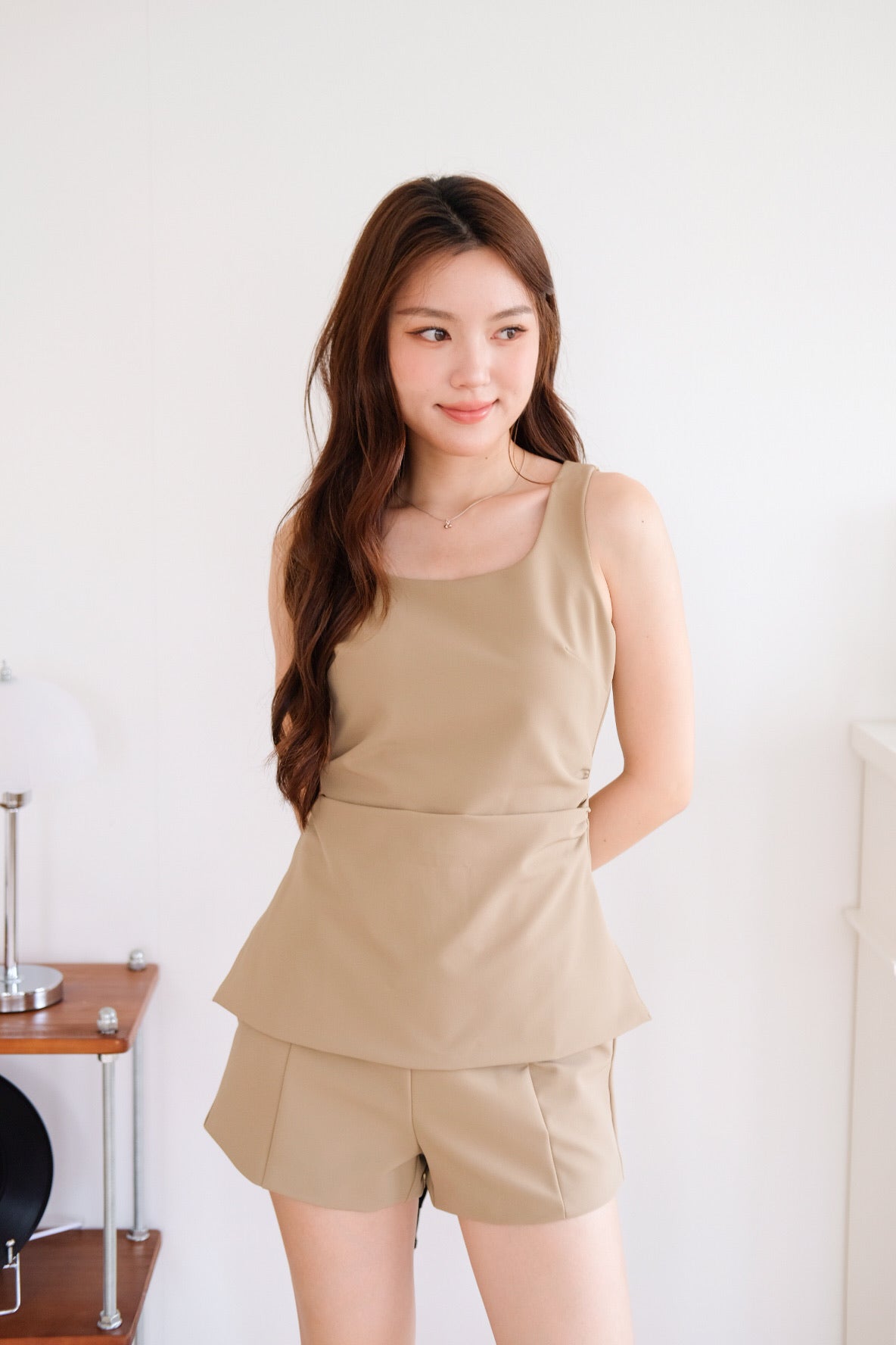 Cooper Ruched Flare Top (Khaki)