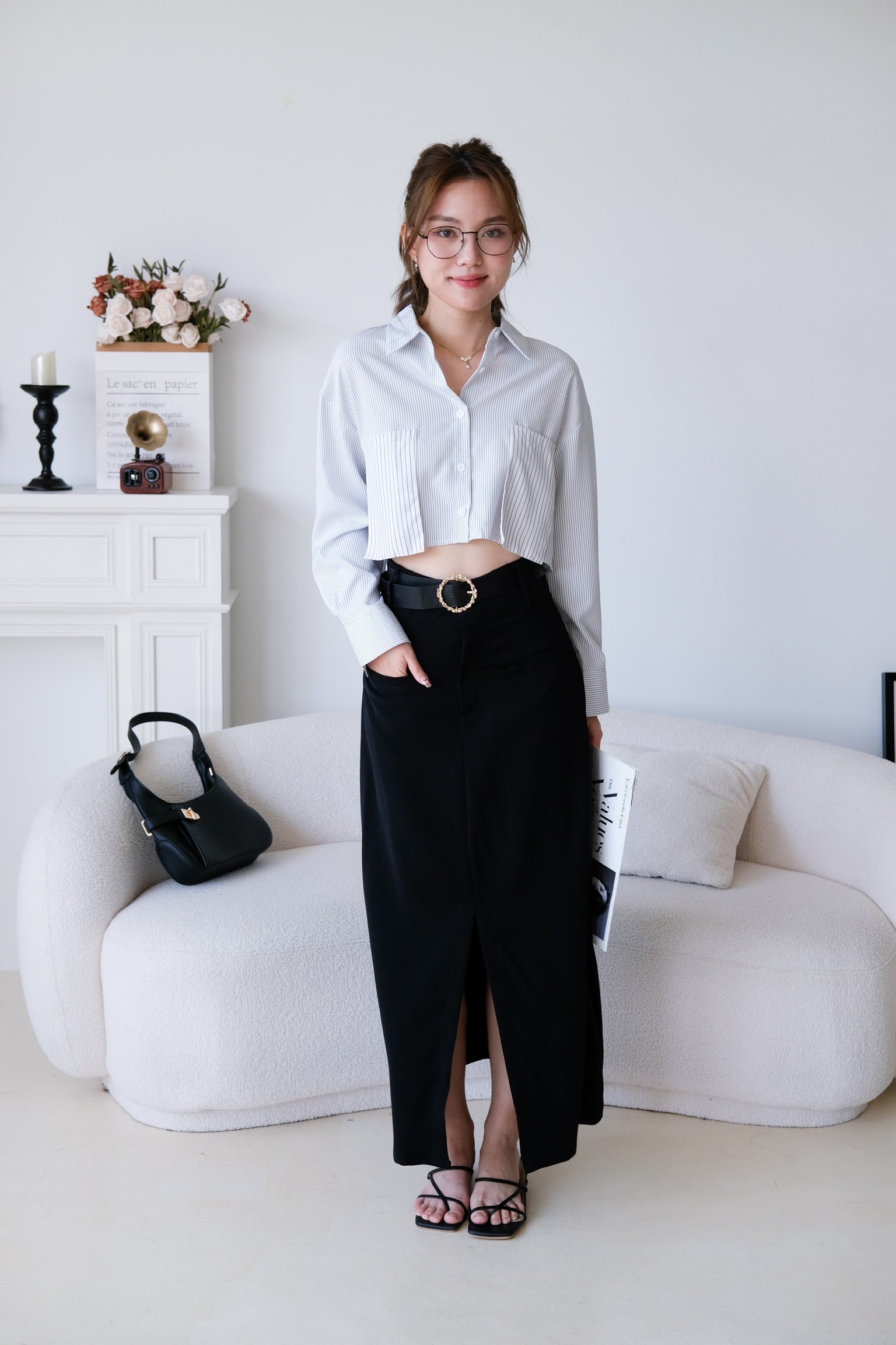 Rora Oversized Stripes Cropped Blouse (White)