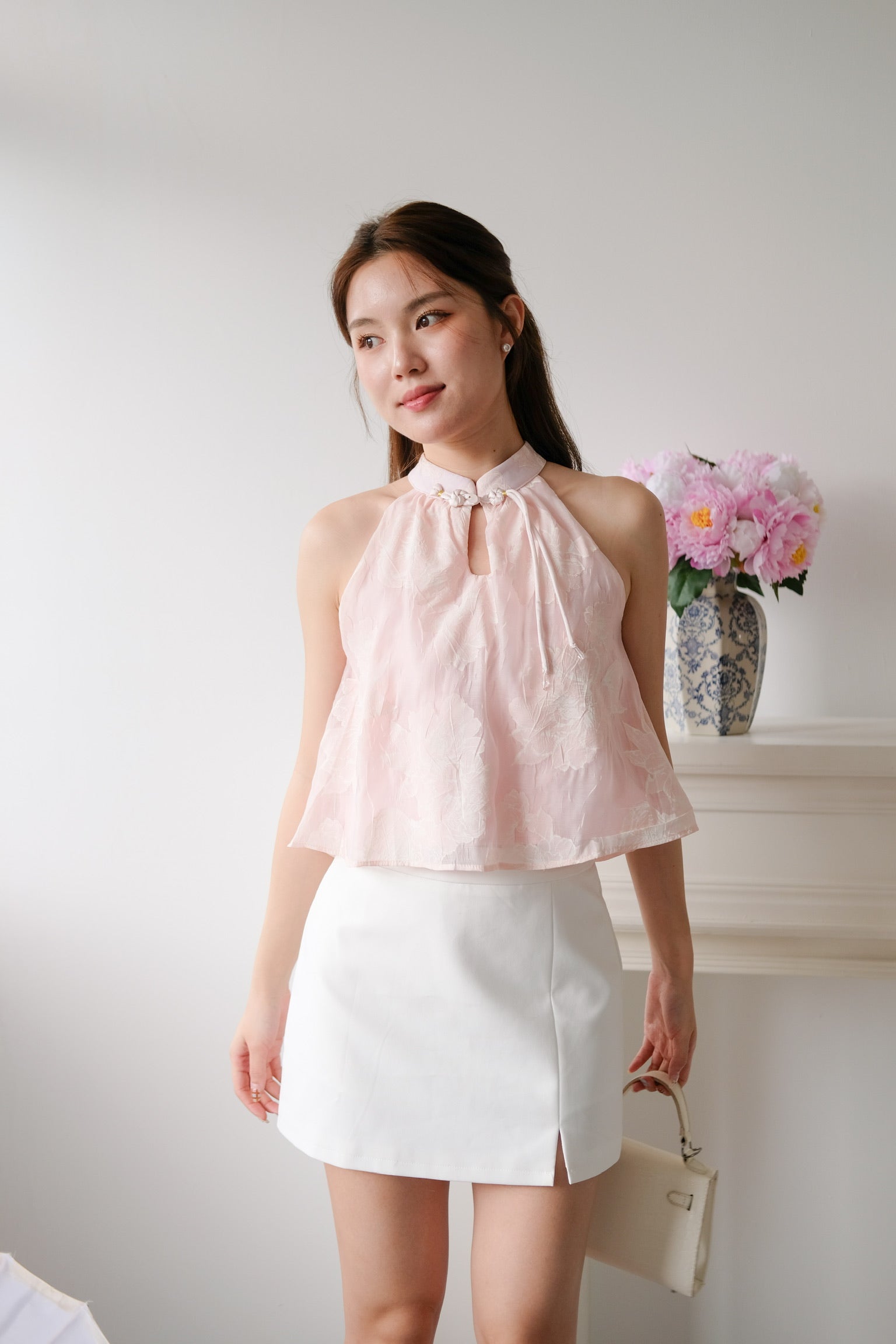 Chu Ran Floral Organza Cheongsam Top (Light Pink)