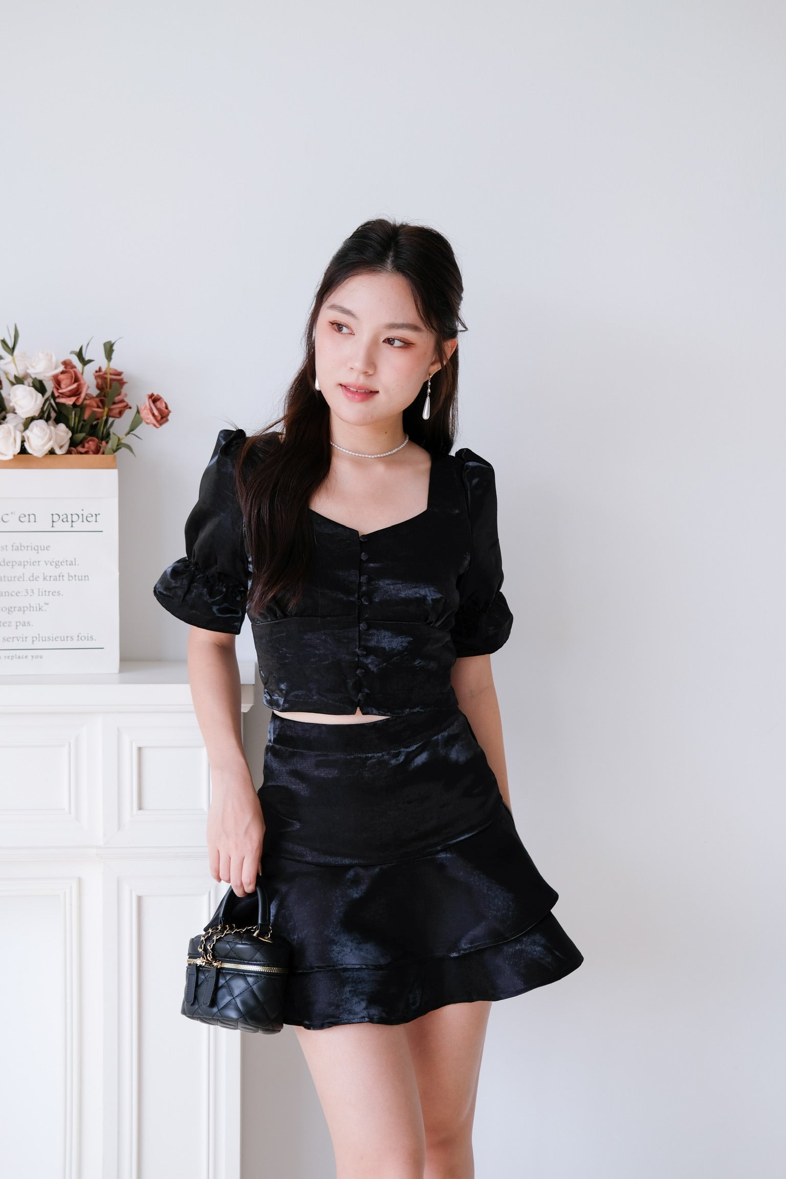 Lush Shimmer Satin Flare Set (Black)