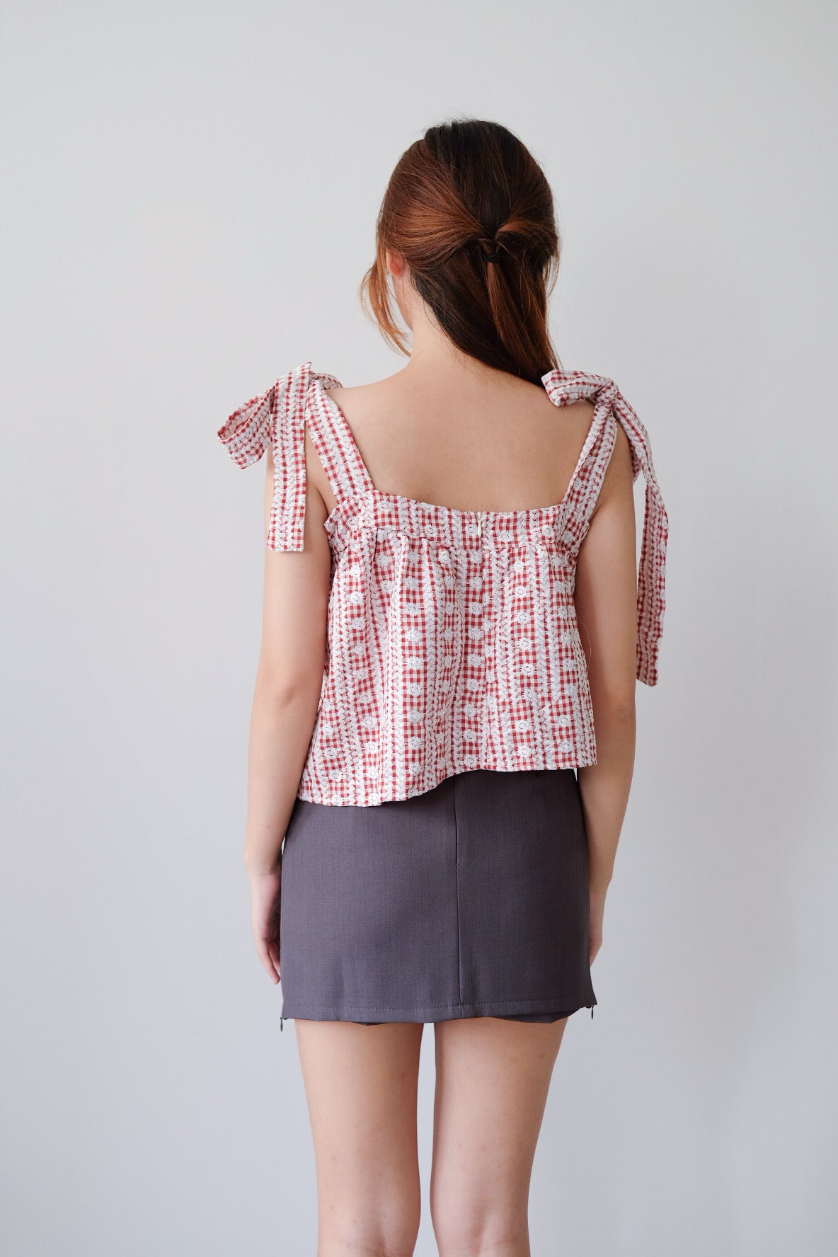 Red Plaid Self Tie Ribbon Babydoll Top