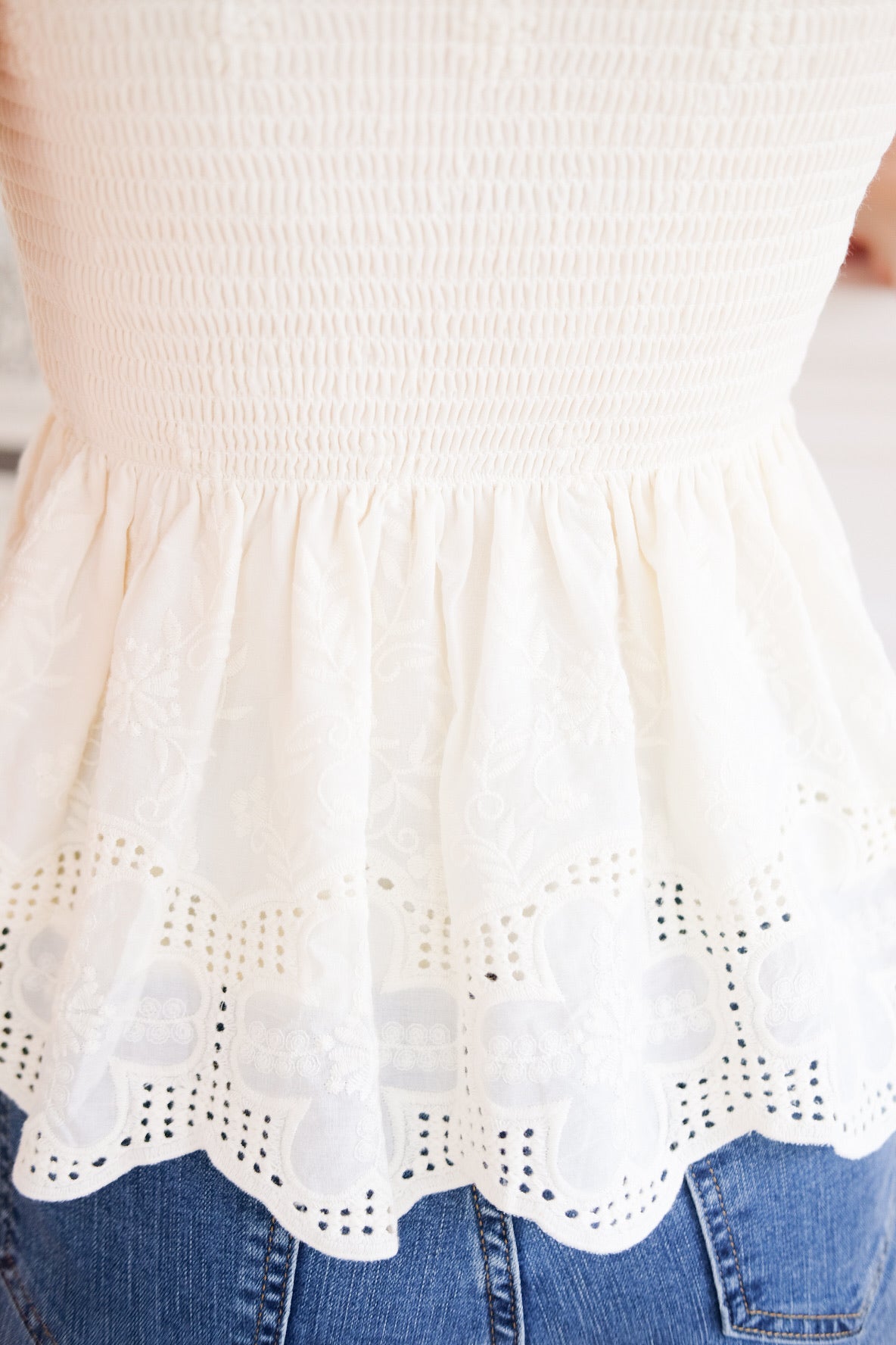 Selina Smocked Ribbon Eyelet Top (Light Yellow)