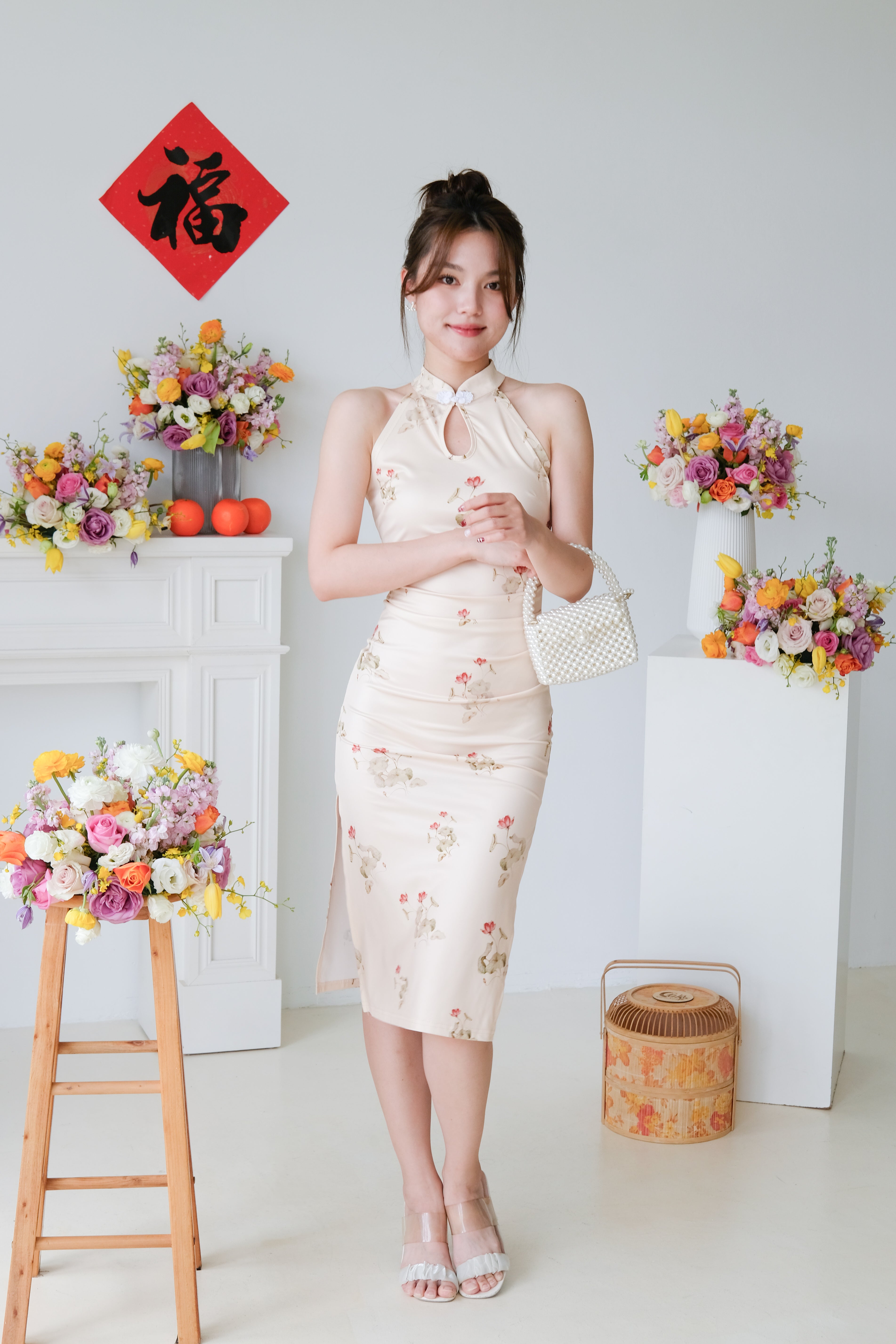 Hua Halter Slit Midi Cheongsam (Yellow)
