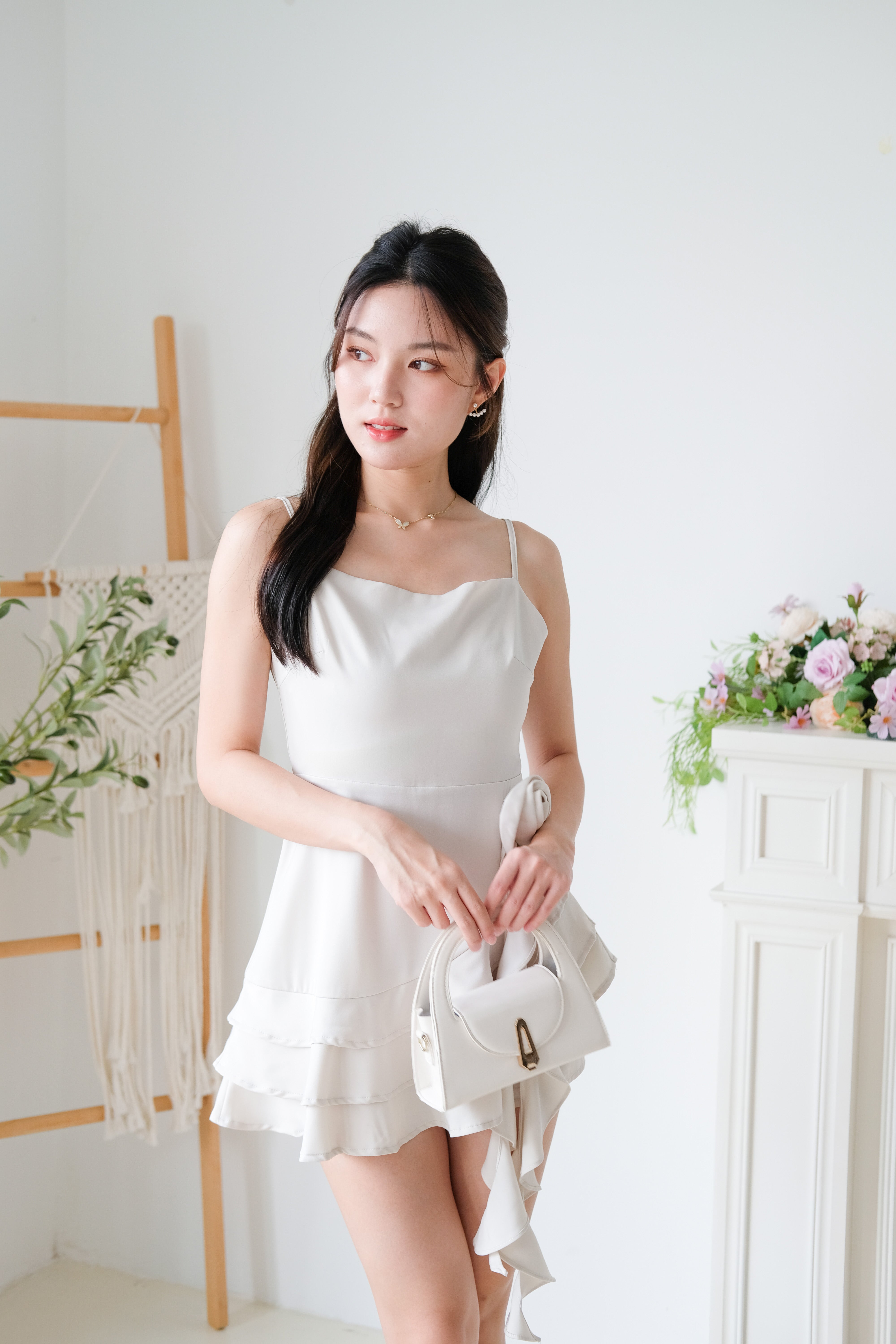 Dewy Satin Ruffle Dress (Champagne)