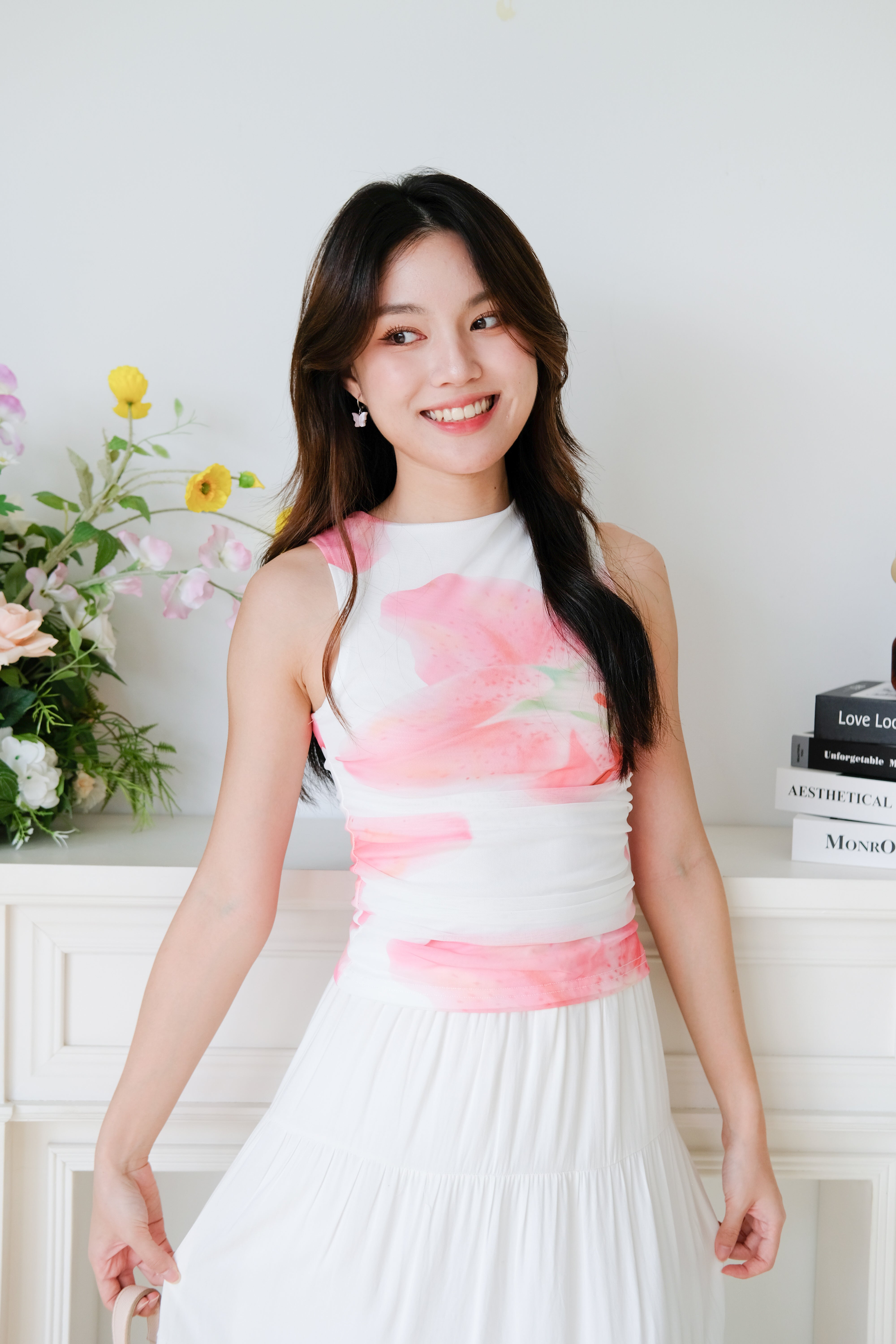 Lilo Abstract Floral Mesh Top (Pink Flower)