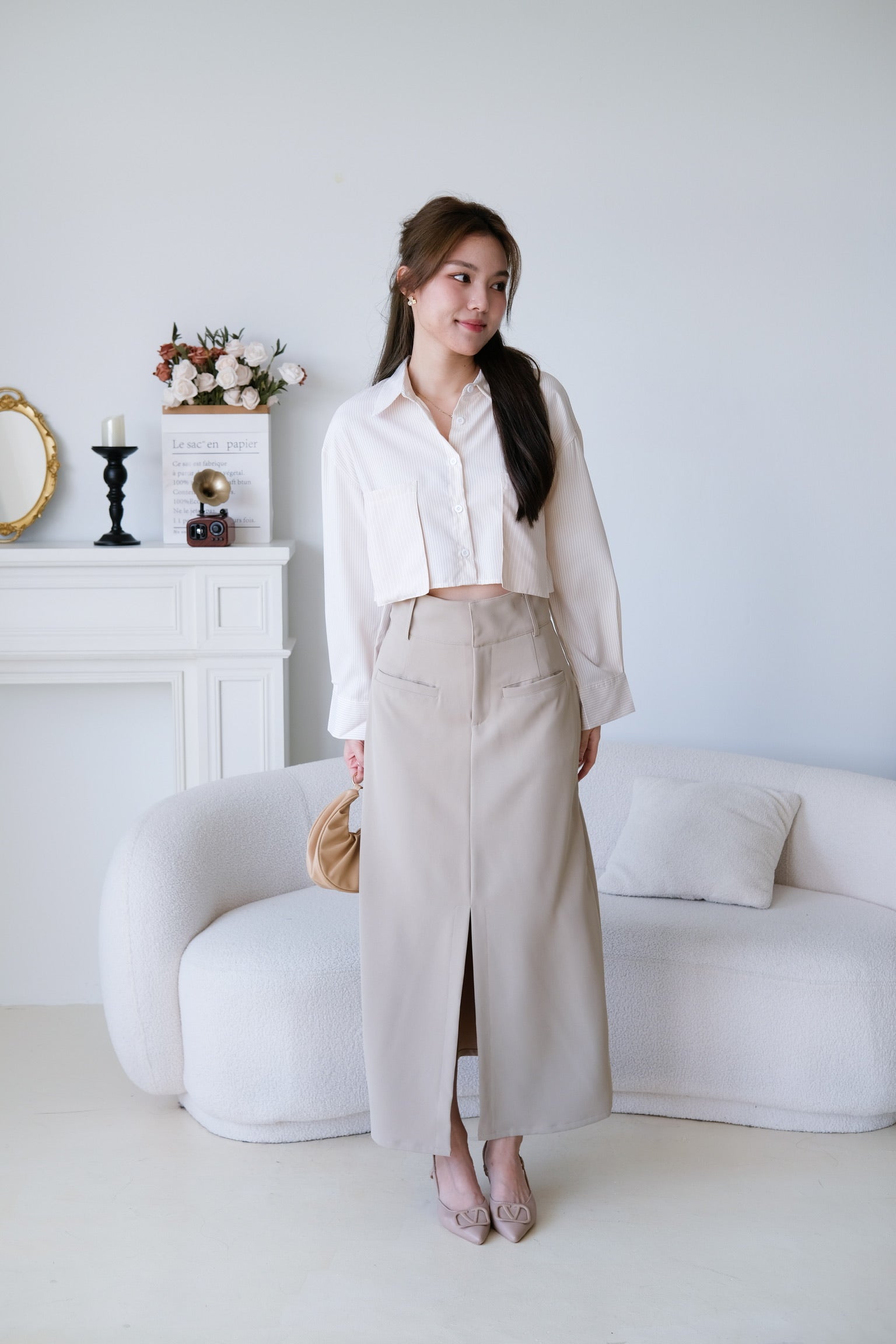 Rora Oversized Stripes Cropped Blouse (Beige)