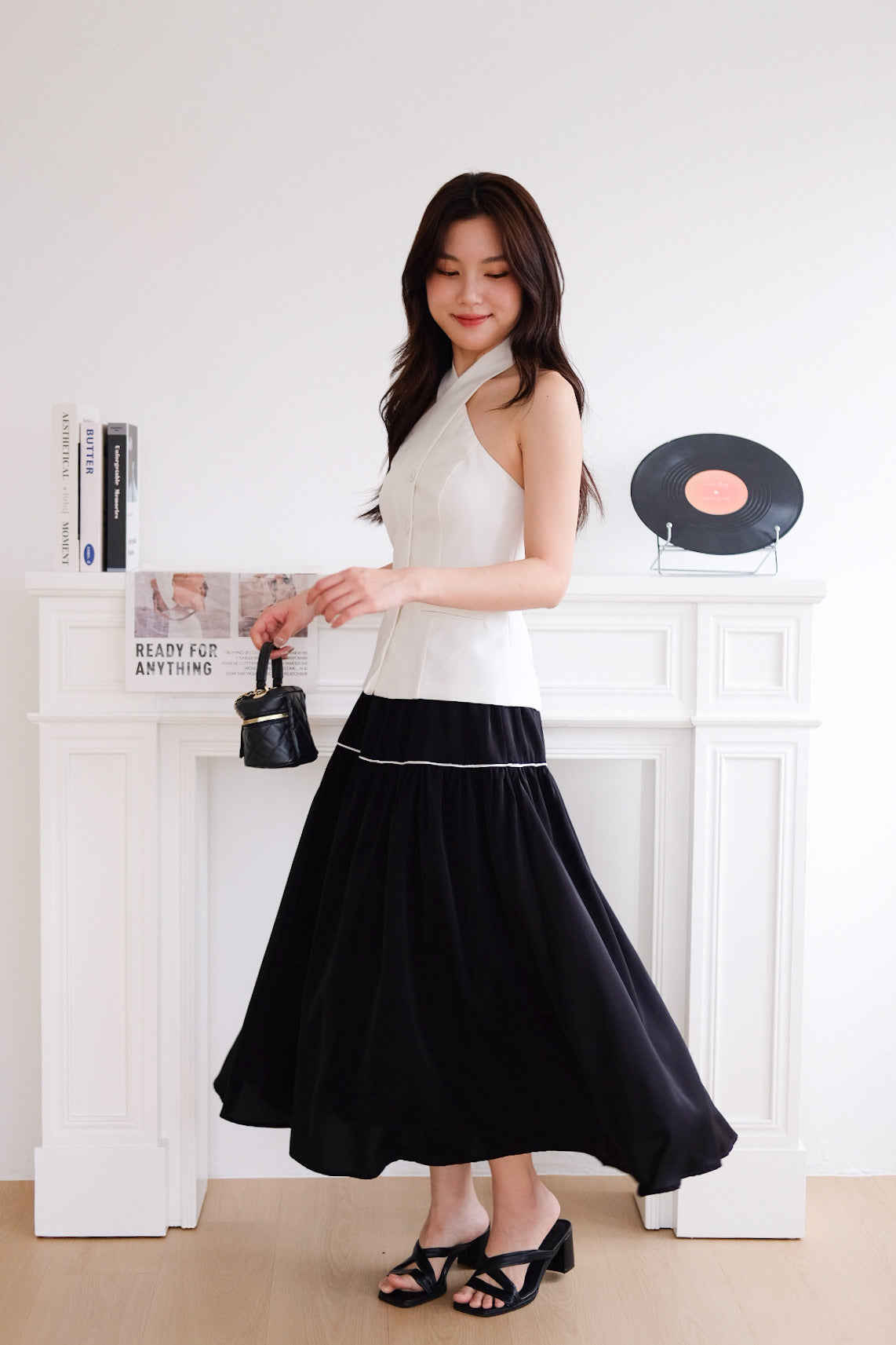 Alva Vintage Contrast A Line Skirt (Black)