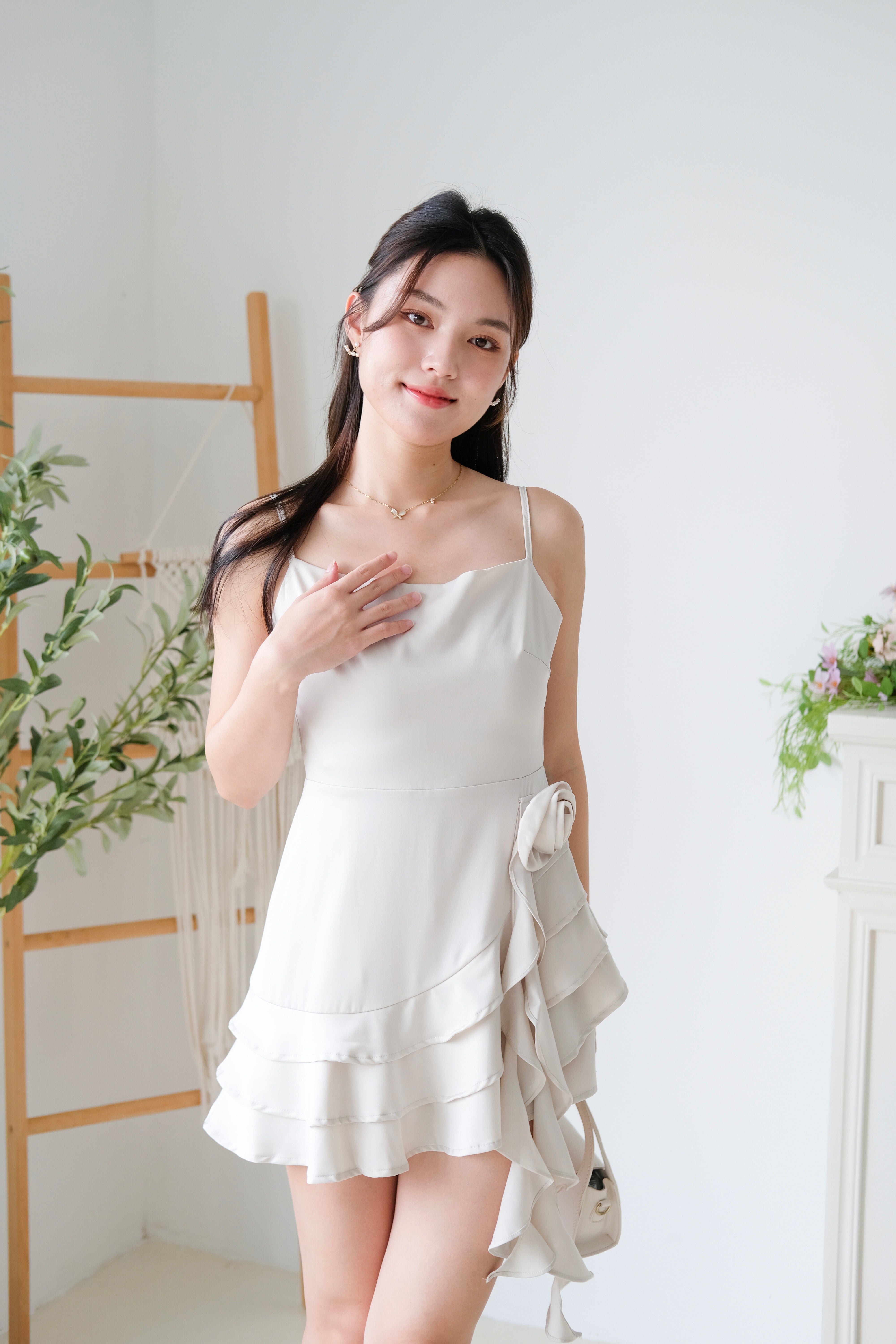 Dewy Satin Ruffle Dress (Champagne)