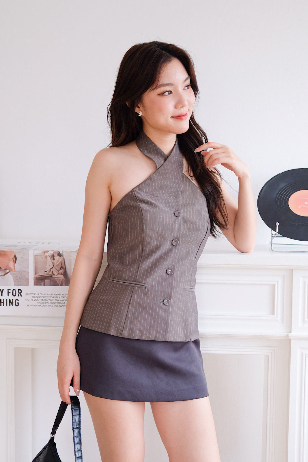 Angie Criss Cross Padded Top (Stripes Grey)