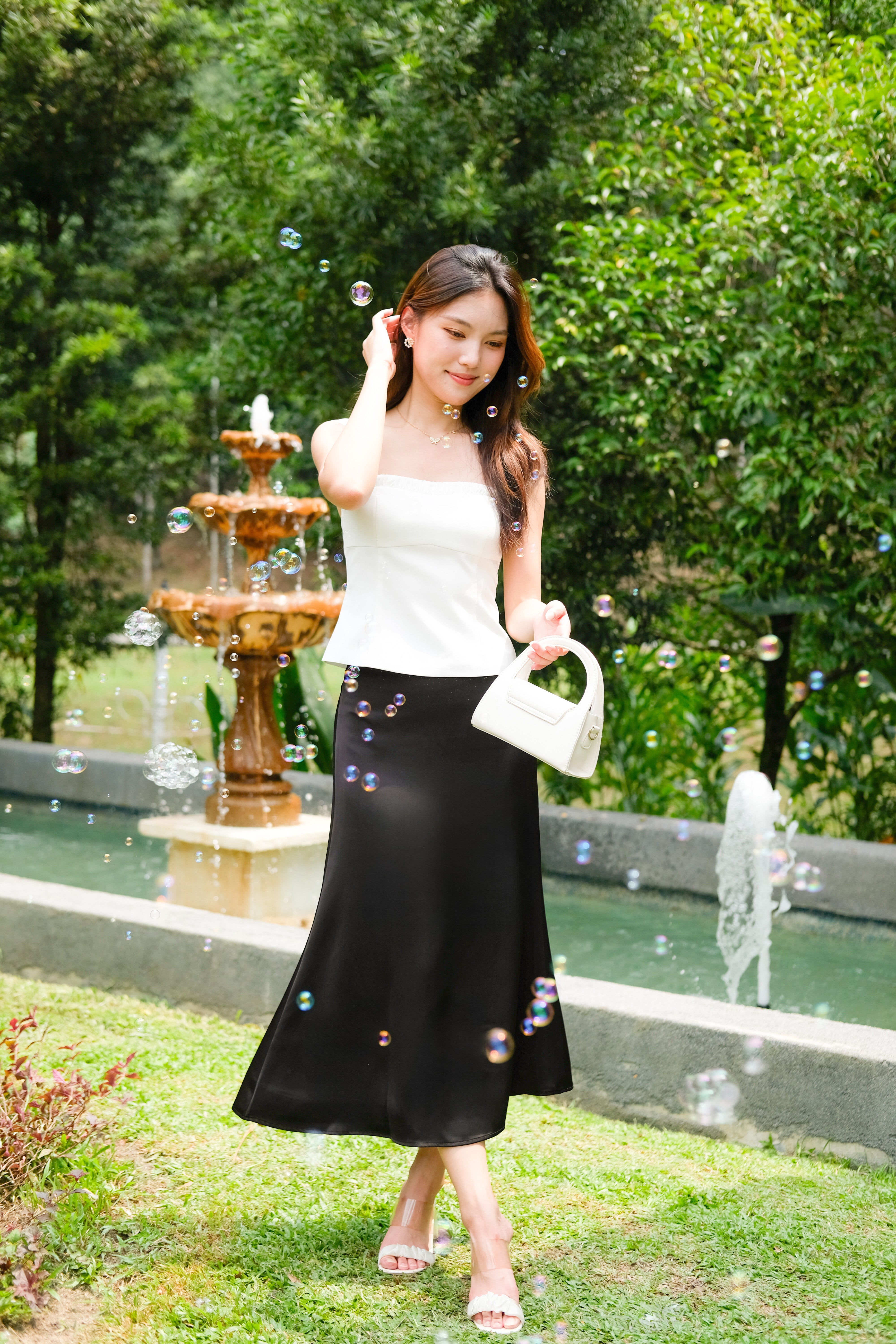 Luna Satin Midi Skirt (Black)