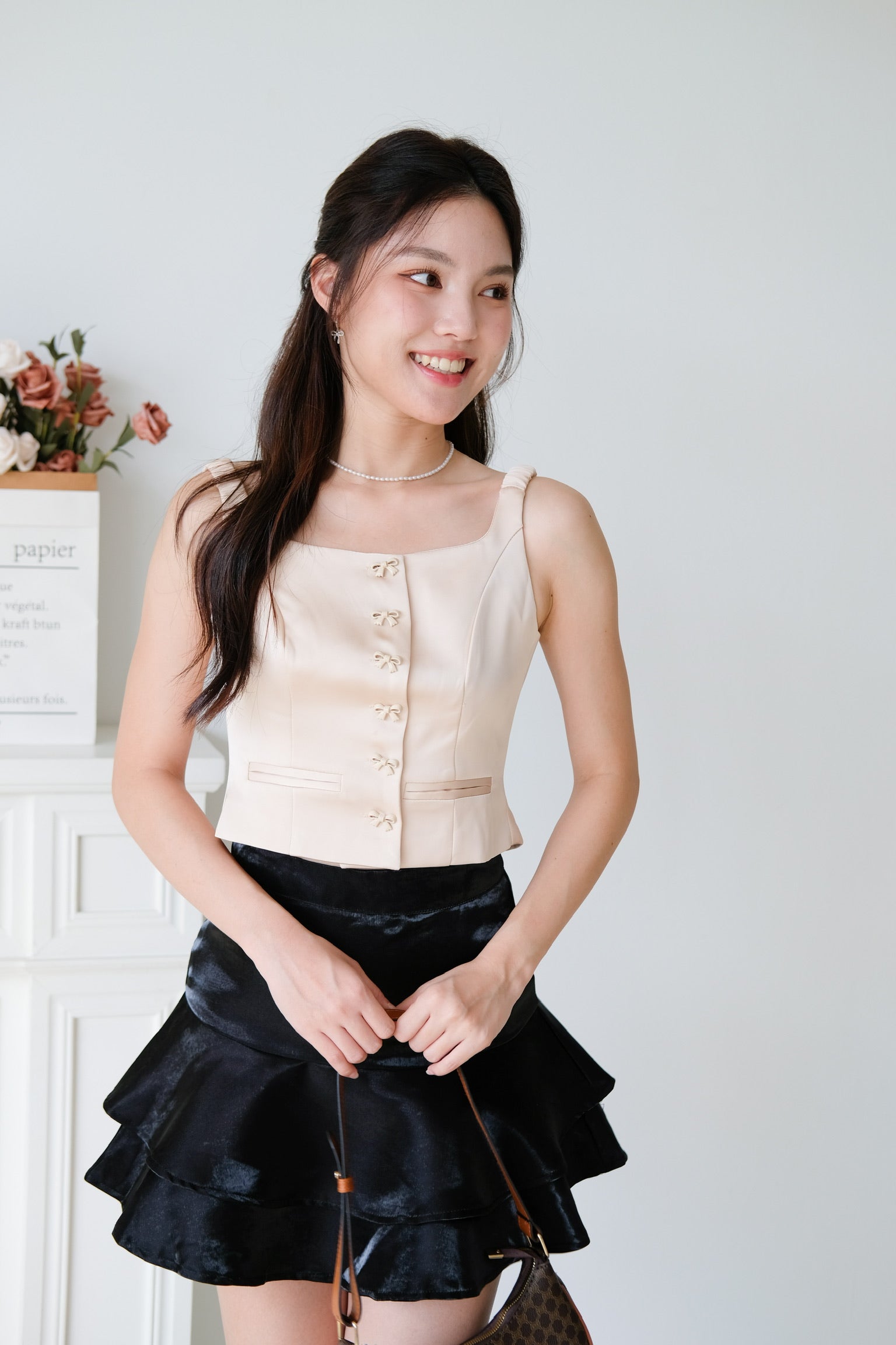 Maribelle Ribbon Scoop Top (Beige)