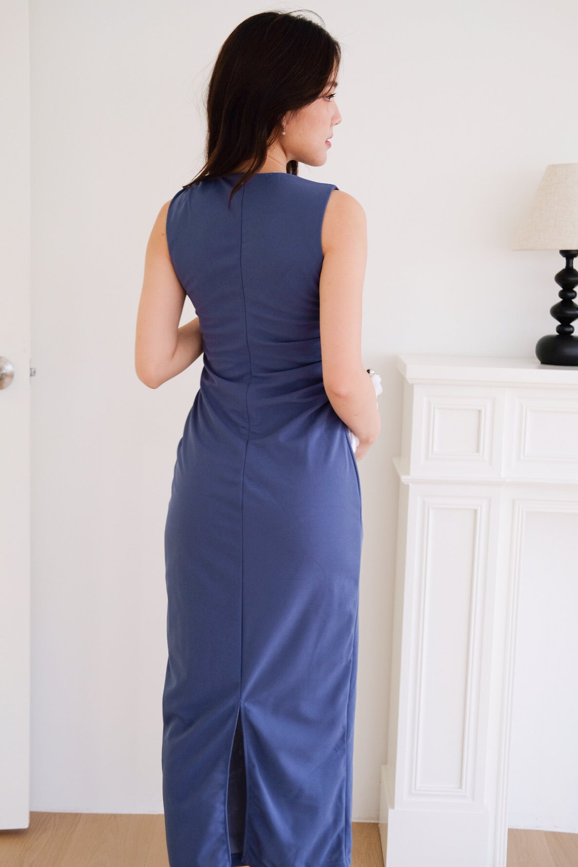 Brianna Ruched Jewel Bodycon Maxi Dress (Midnight Blue)