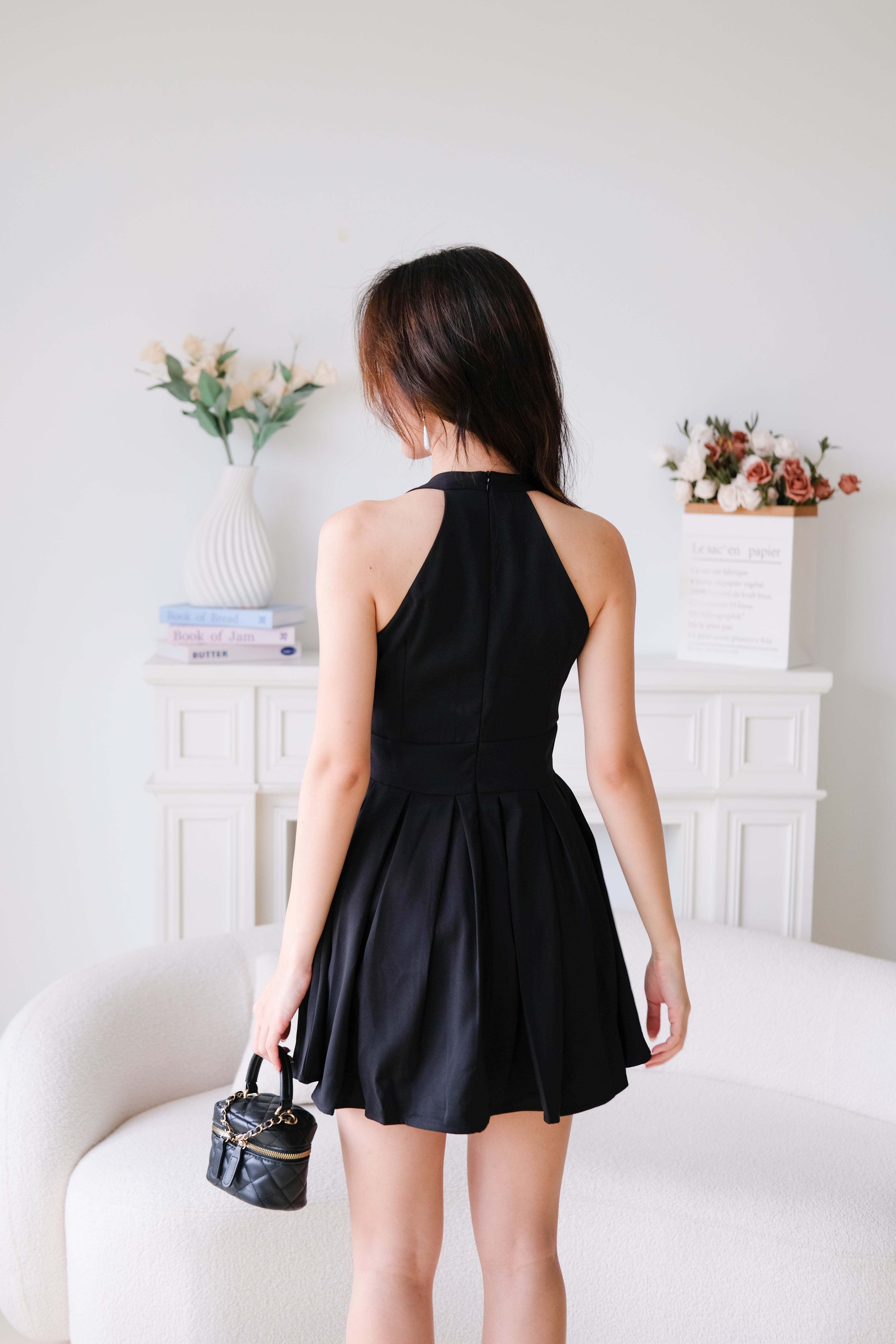 Moon Halter Pleat Dress (Black)