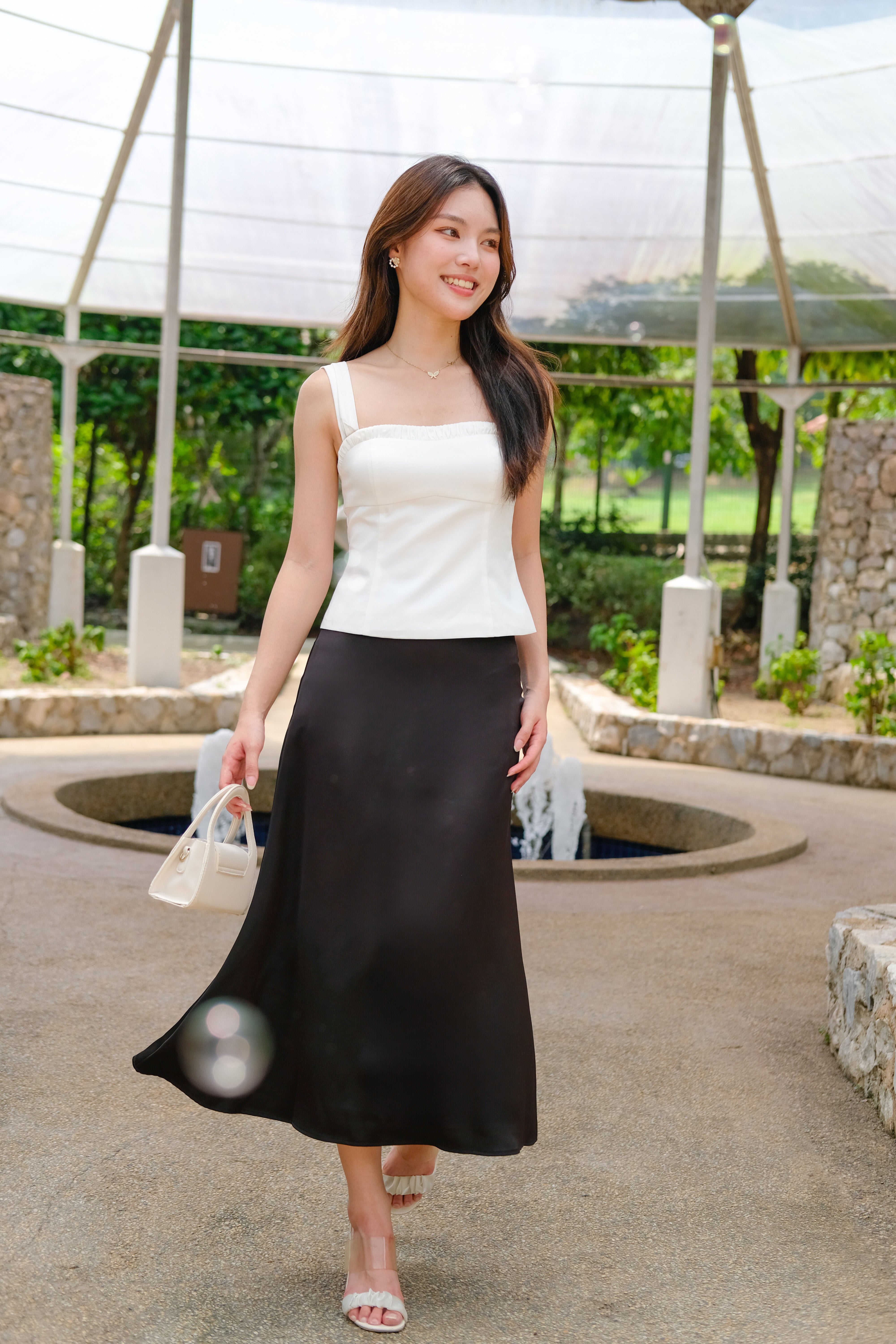 Luna Satin Midi Skirt (Black)