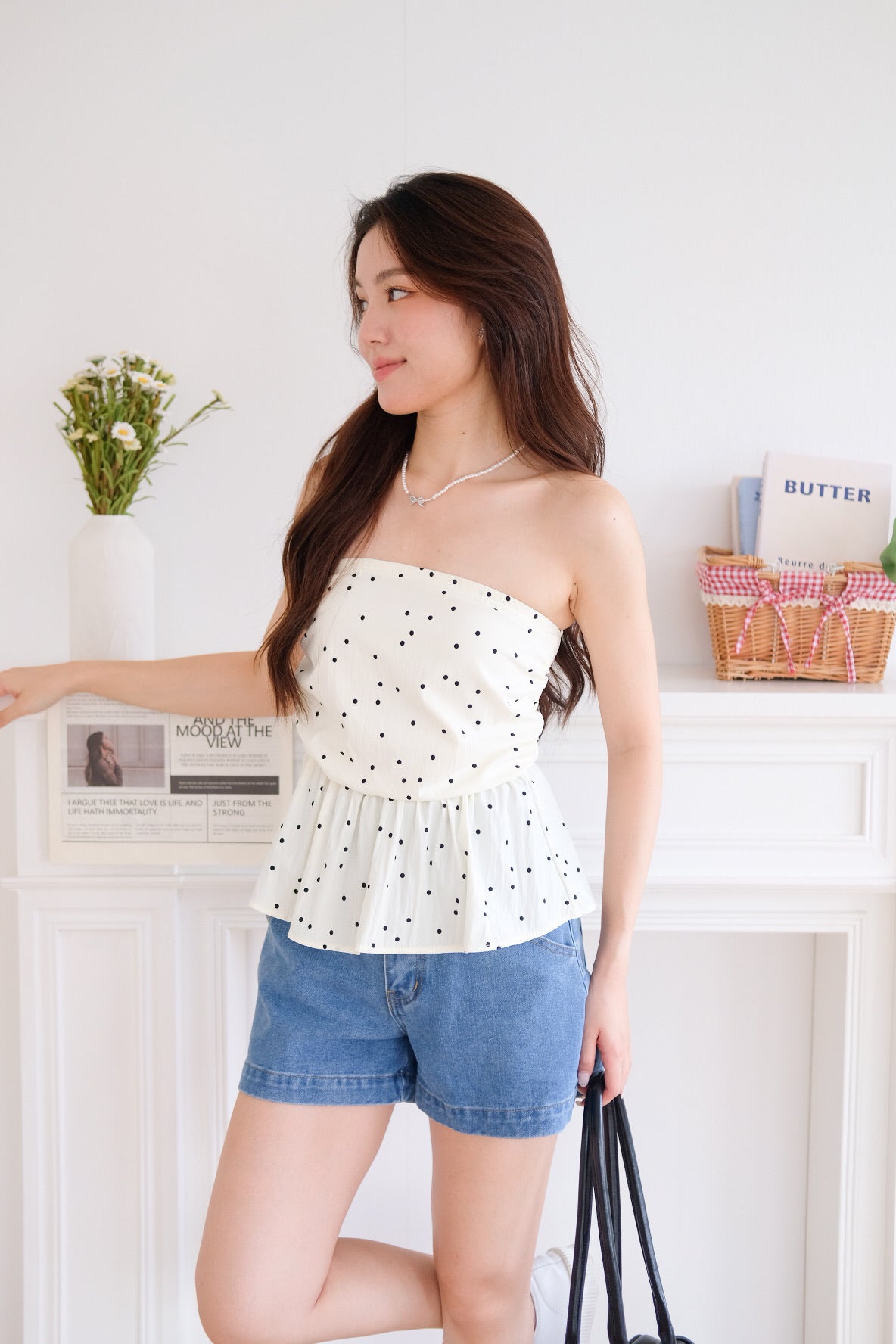 Nora Polka Dot Peplum Tube Top (Cream)