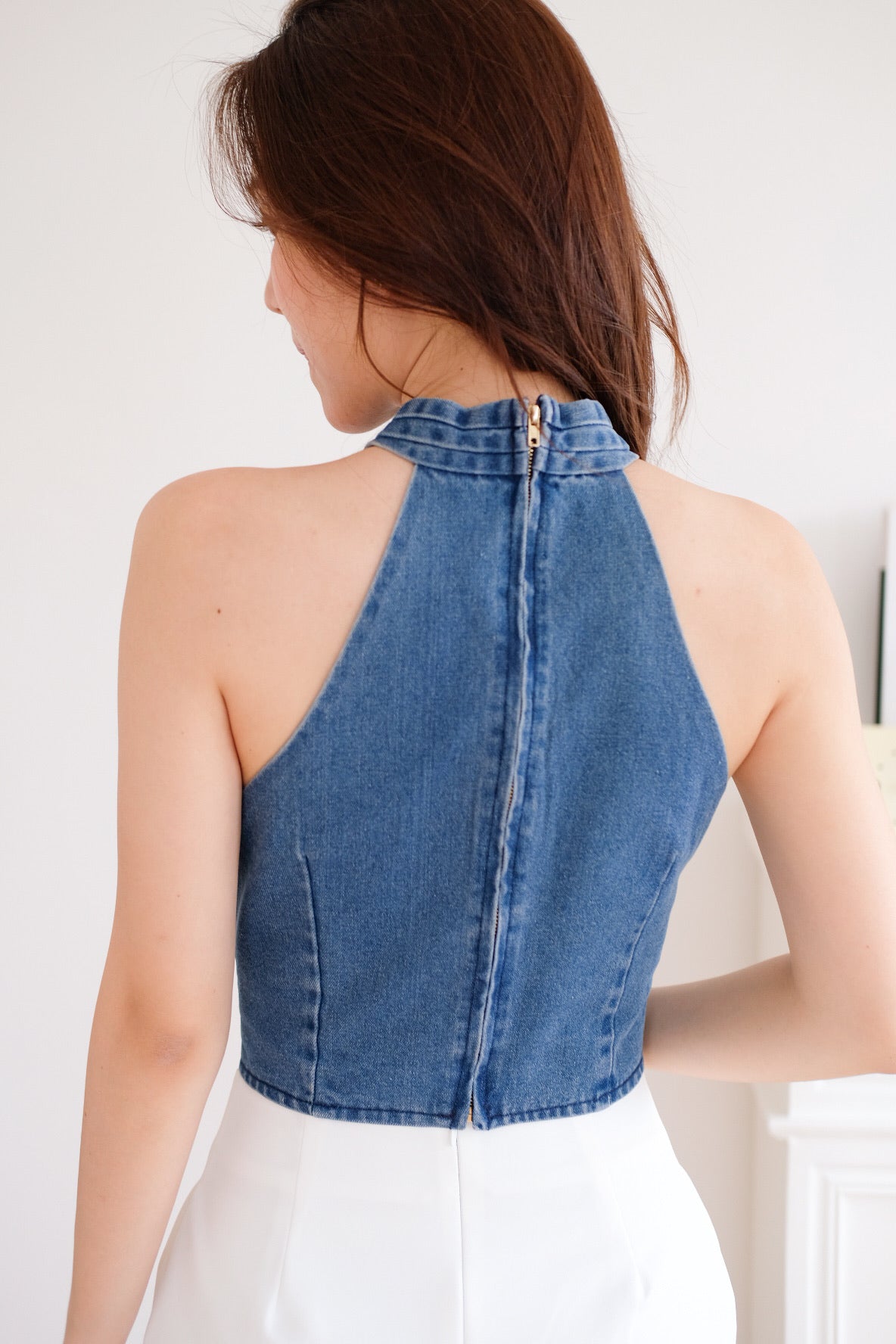 Veda Padded Halter Denim Crop Top (Dark Denim)