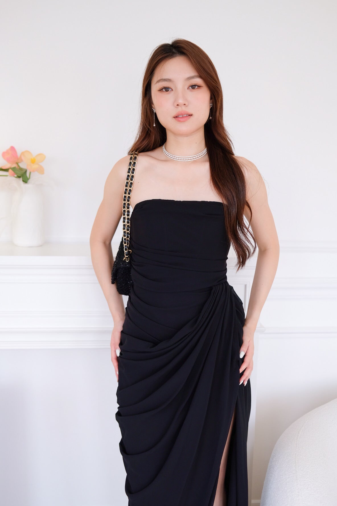 Seraphina Tube Corset Slit Maxi Dress (Black)