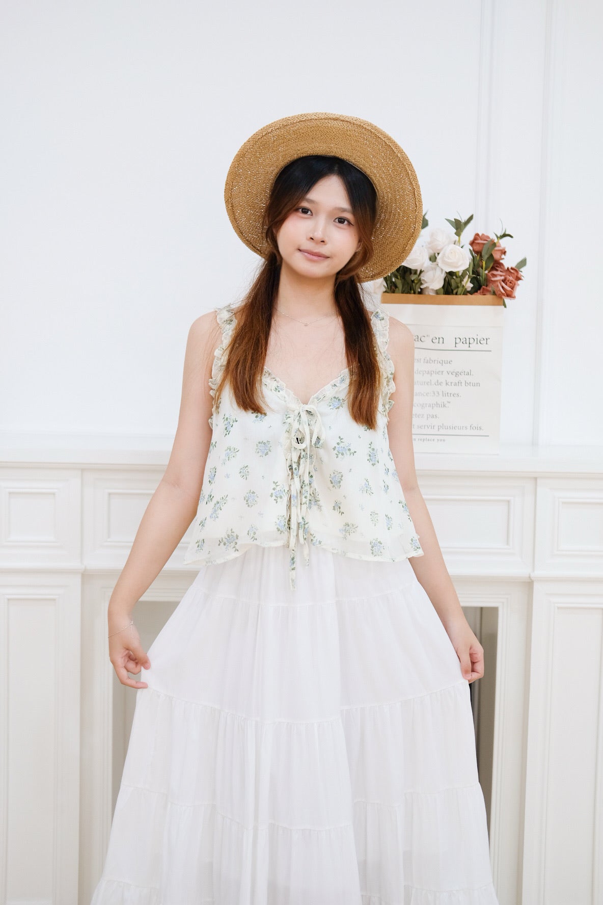 Cream Ruffle Ribbon Cropped Top