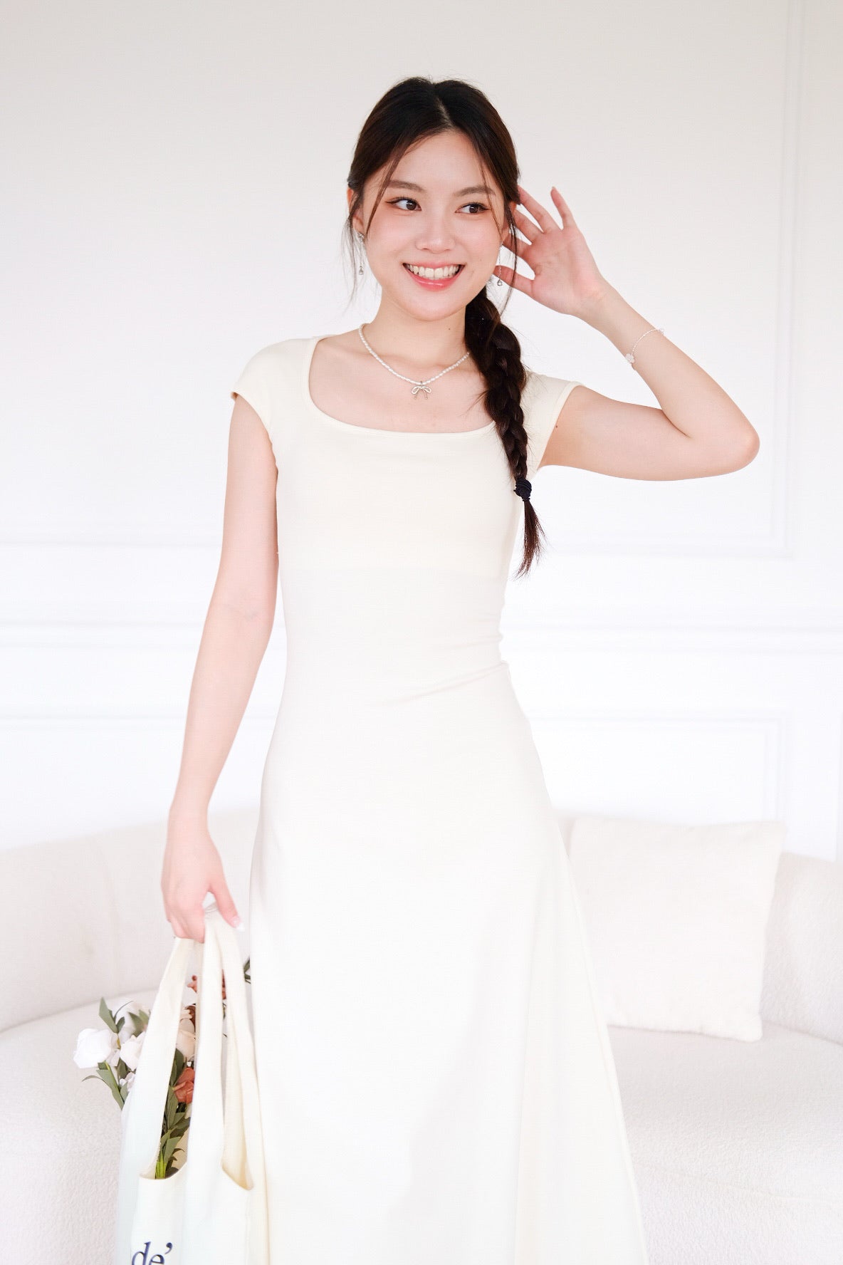 Jillian Padded Skater Maxi Dress (Beige)