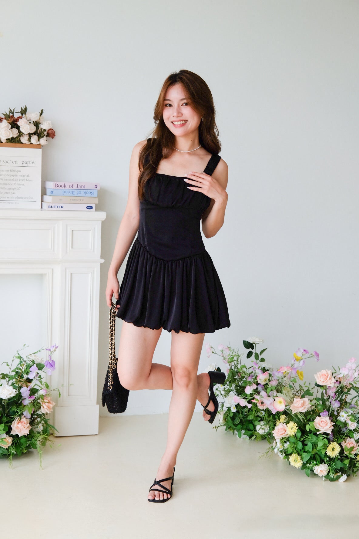 Alesha Ruched Bubble Skater Dress (Black)