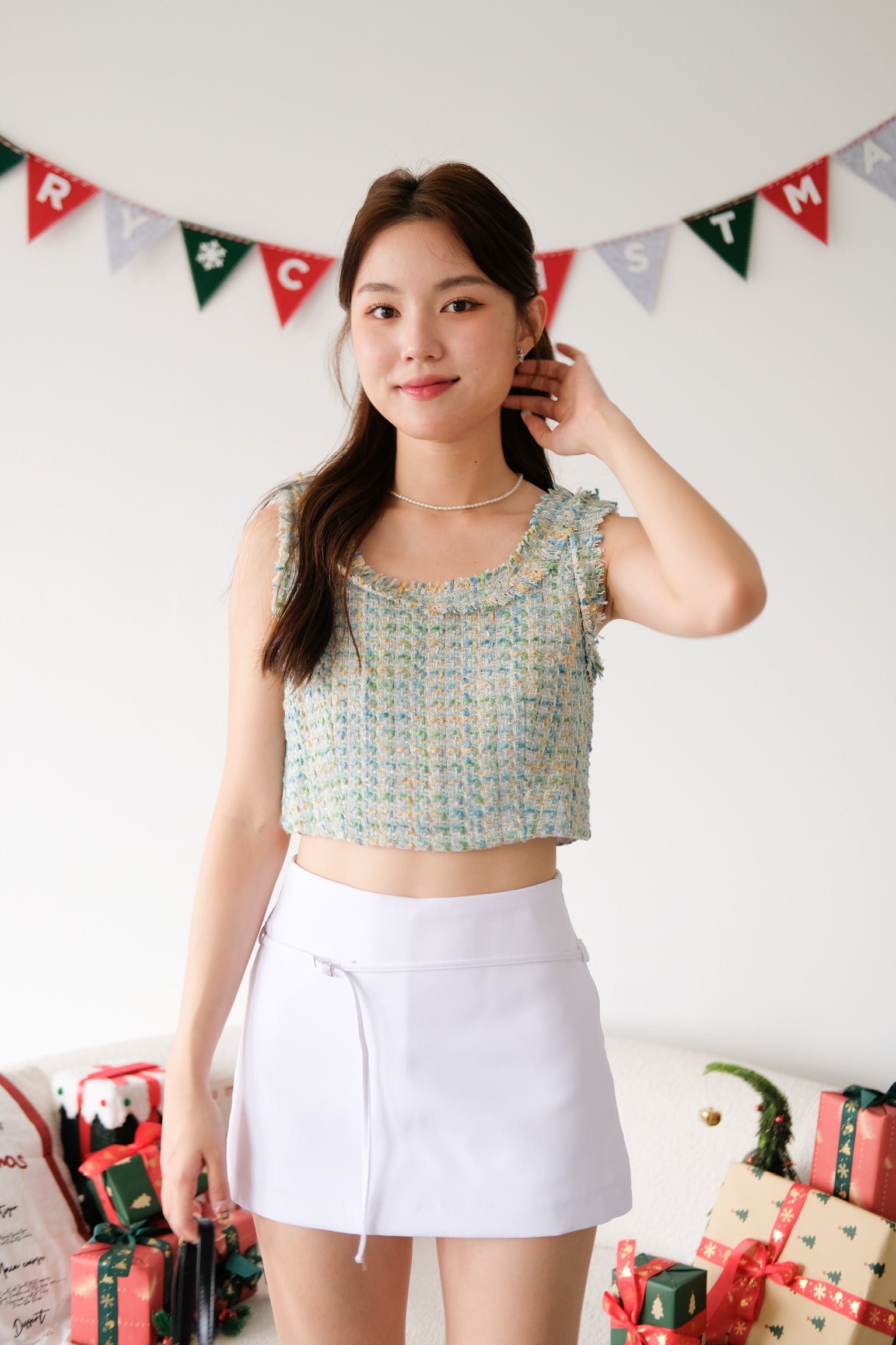 Mirea Frills Tweed Crop Top (Sea Green)
