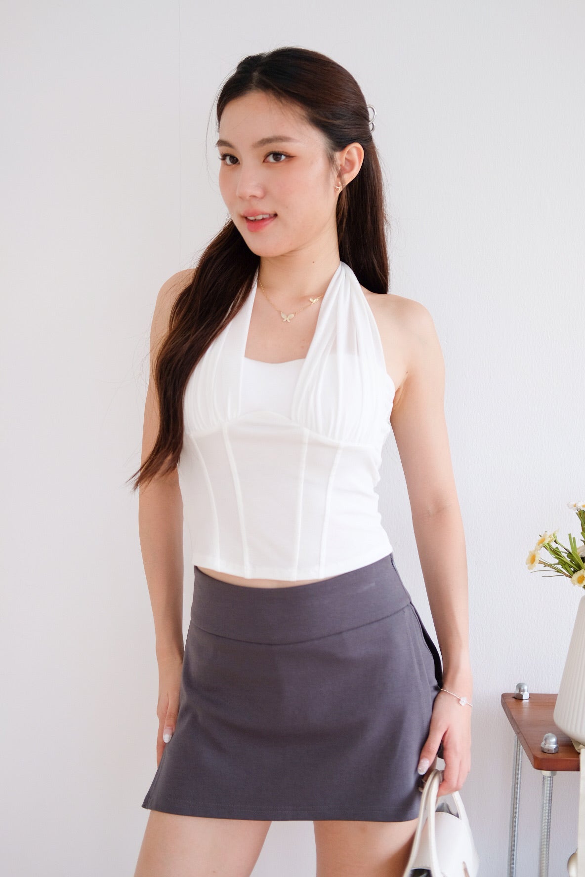 Siren Padded Halter Self Tie Top (White)