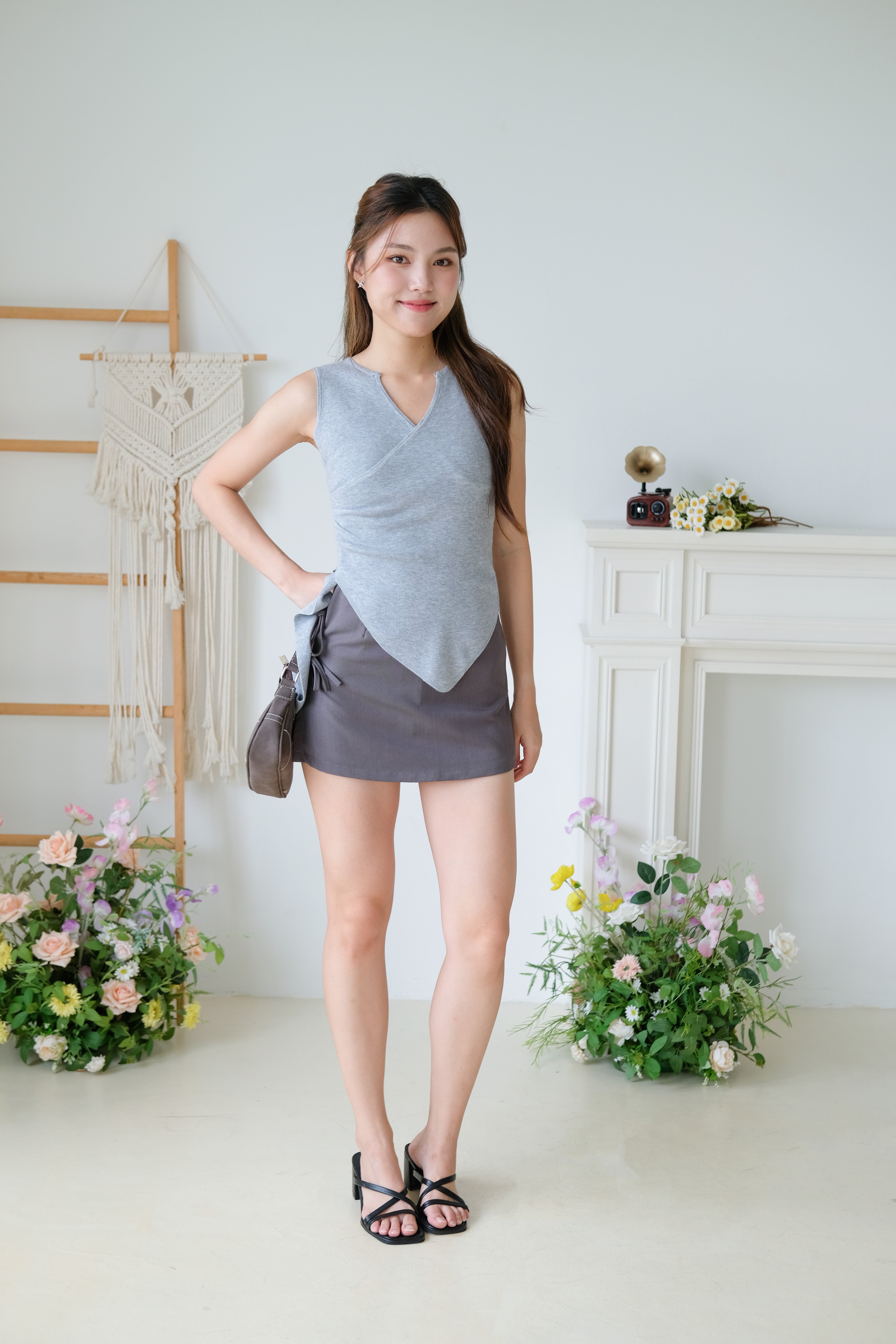 Yukee Wrapped Asymmetrical Knit Top (Grey)