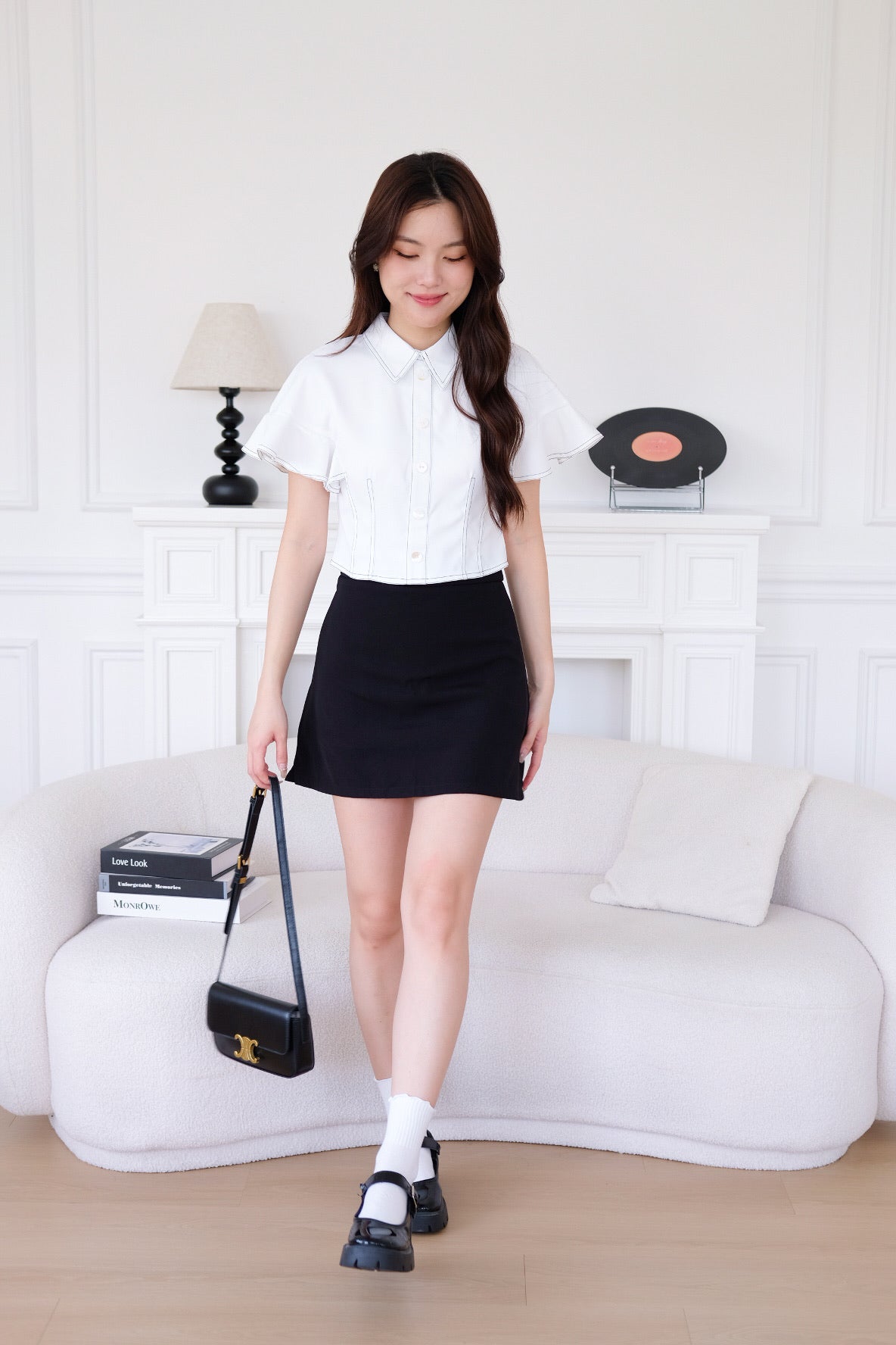 Juliana Contrast Flutter Sleeves Top (White)