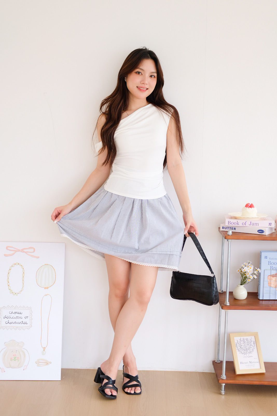Reini Candy Stripes Knee Length Skirt (Black)