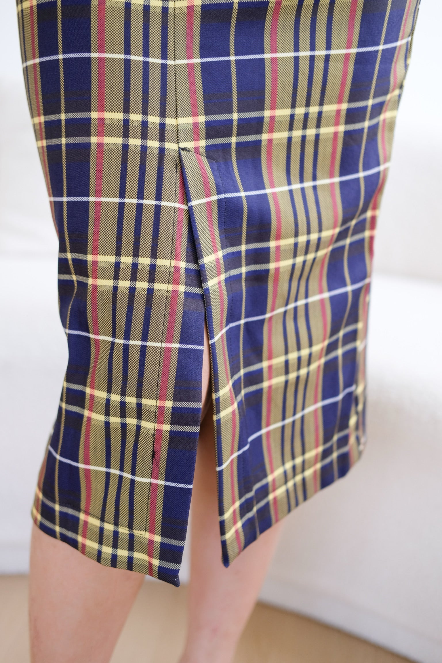 Navy Blue Grid High Waisted Midi Skirt