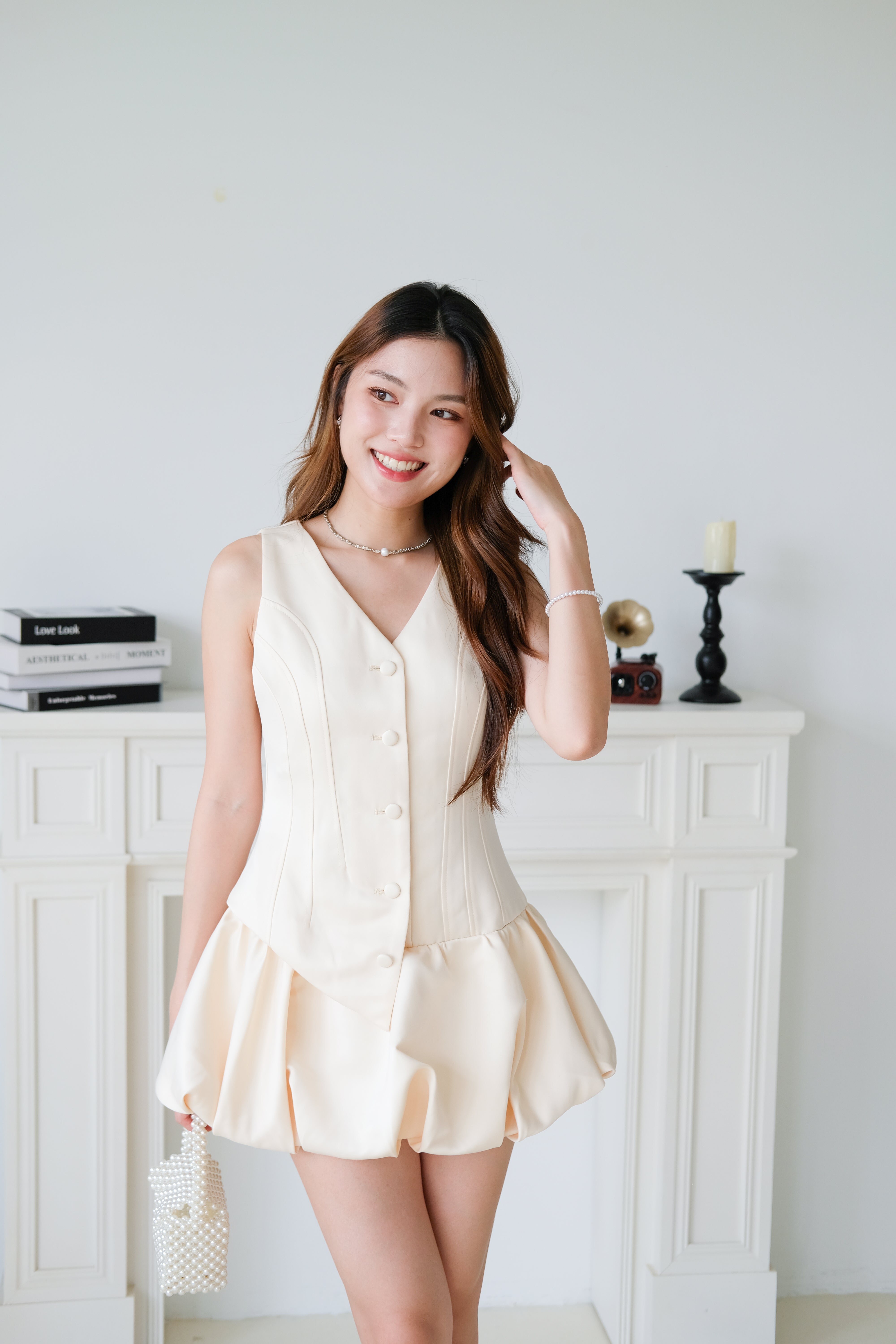 Elise Sculpted Bubble Dress (Beige)