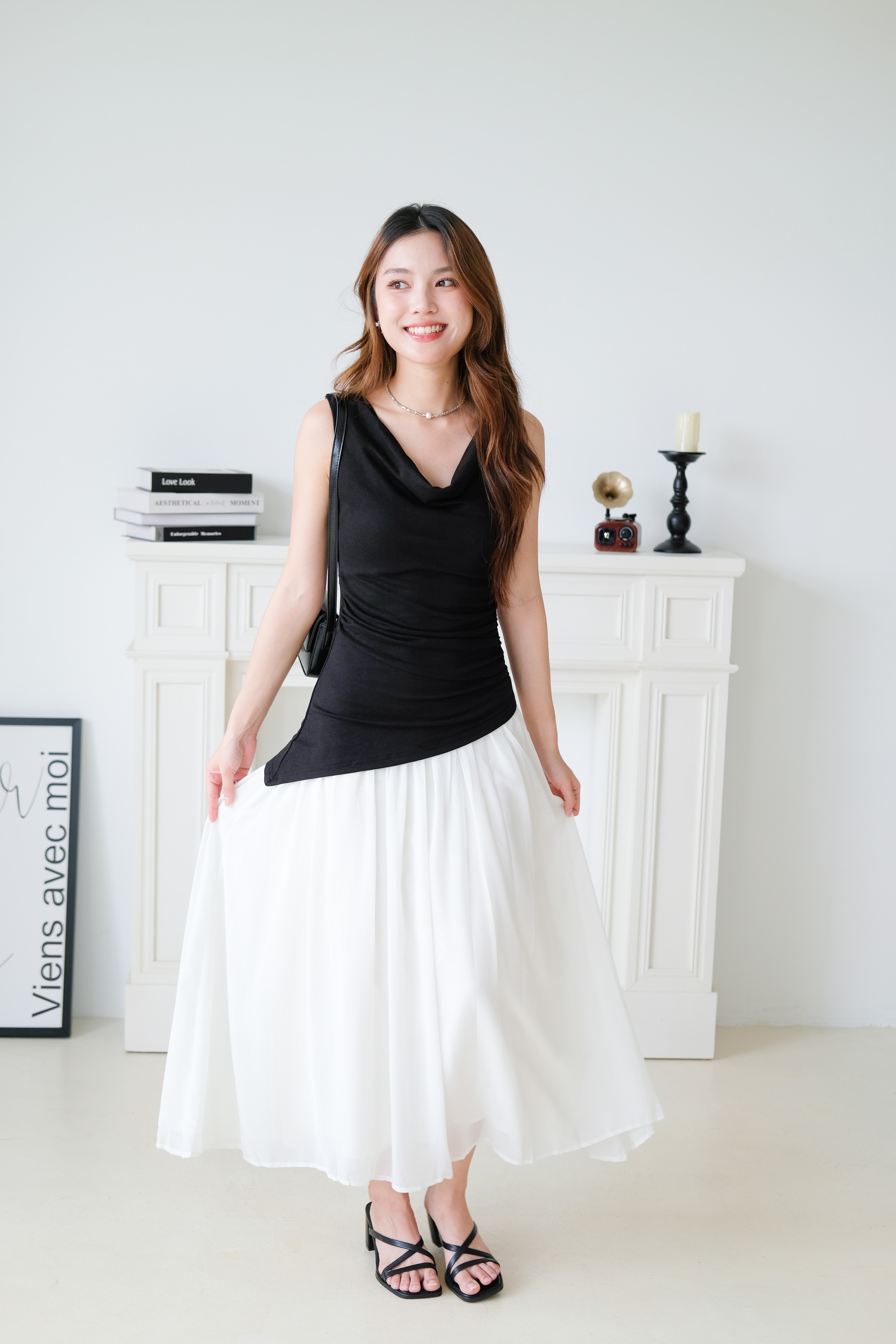 Soleil Contrast Asymmetrical Dress (Black)