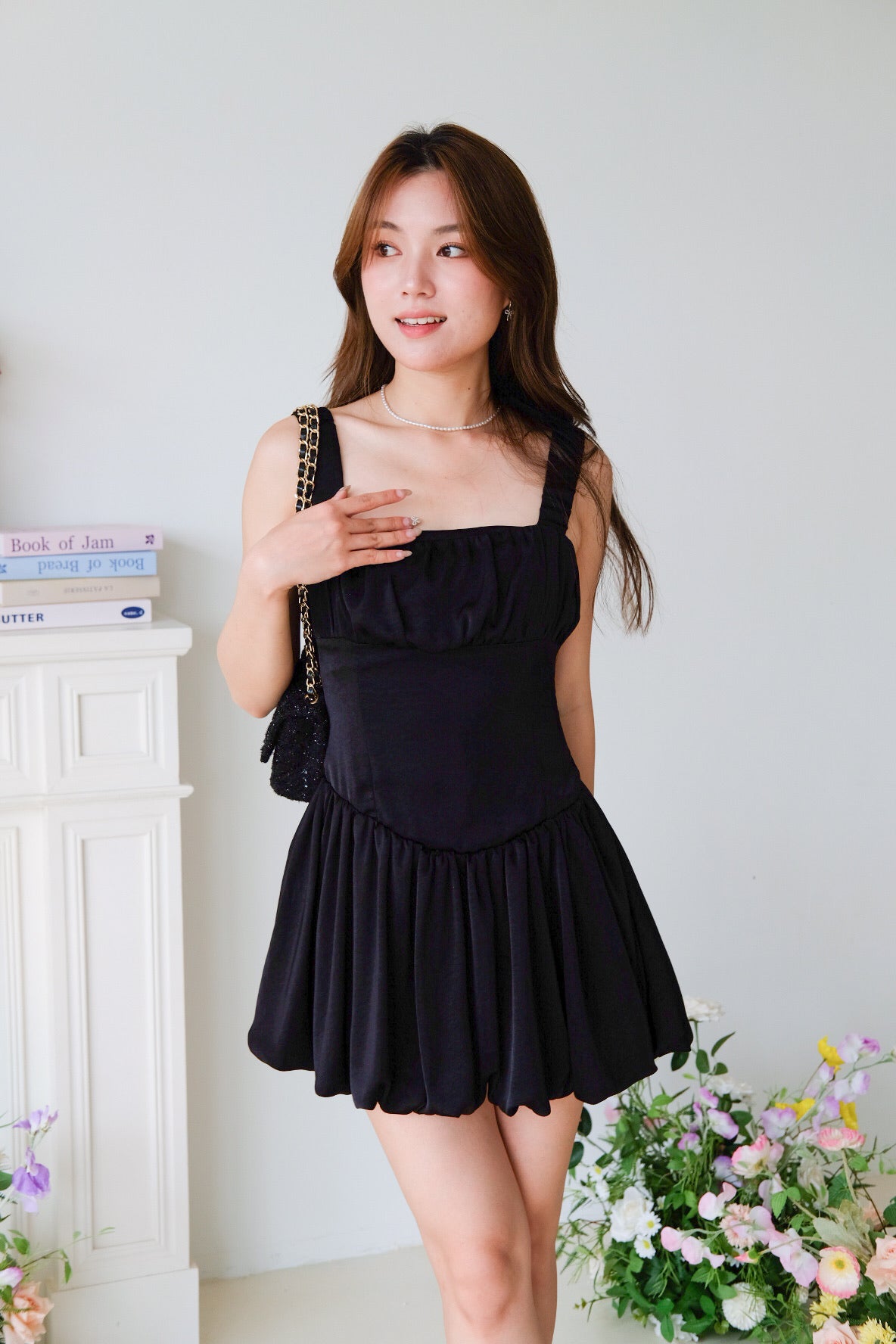 Alesha Ruched Bubble Skater Dress (Black)