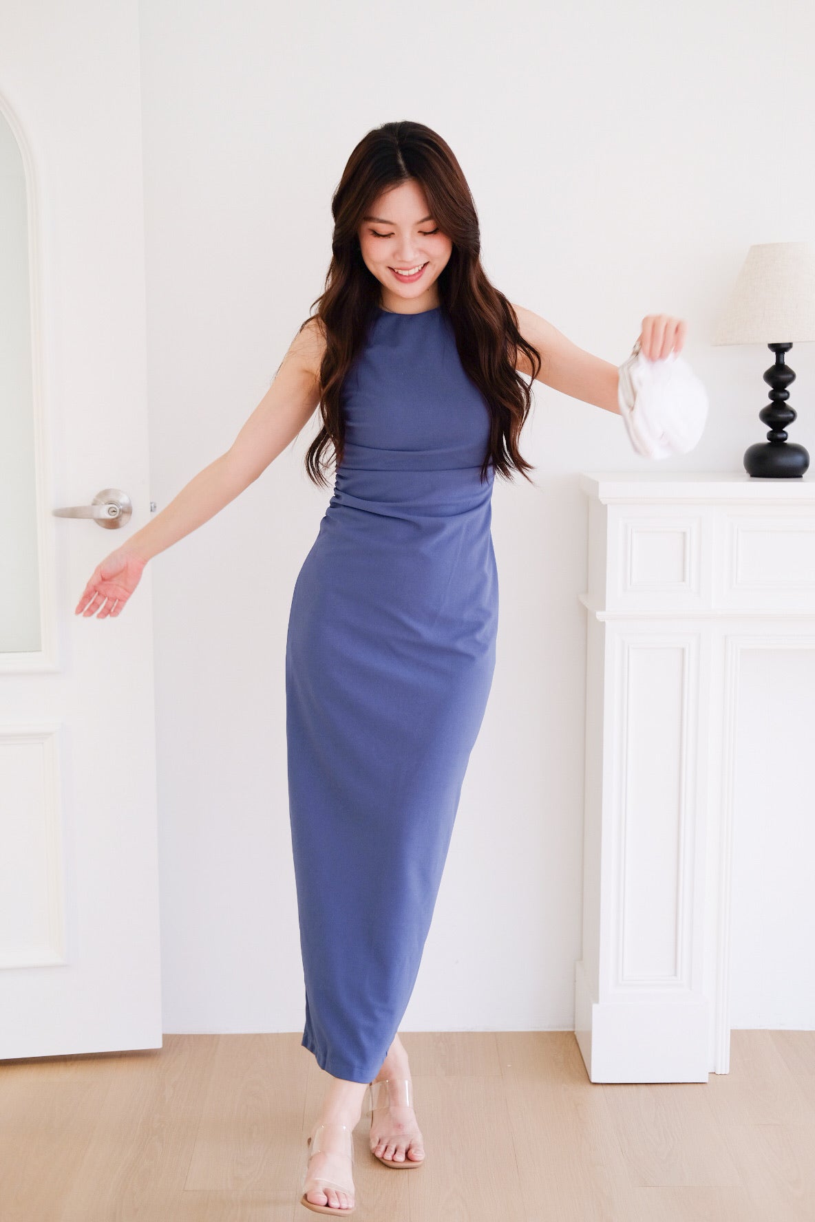 Brianna Ruched Jewel Bodycon Maxi Dress (Midnight Blue)