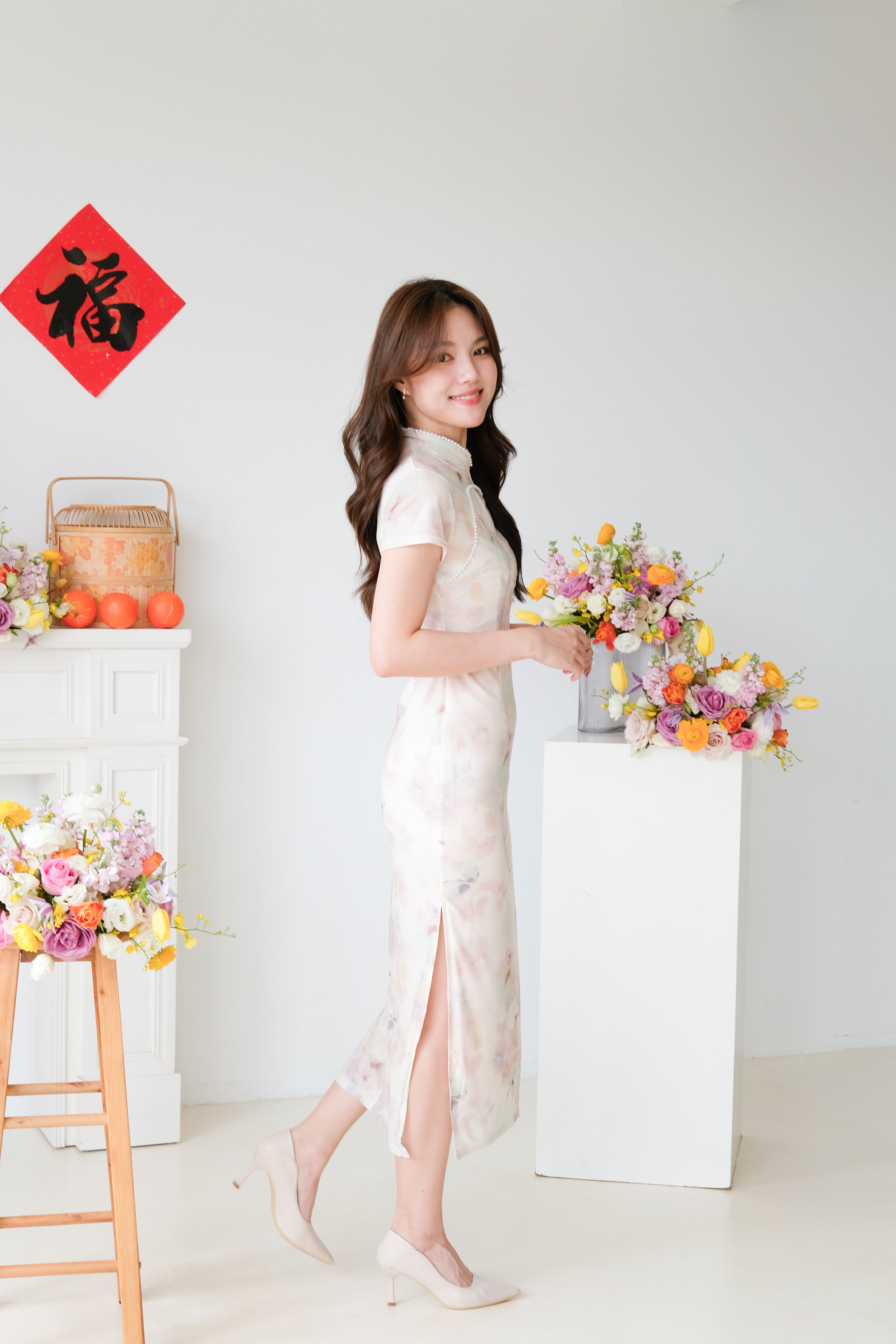 Emerald Mini Pearl Sleeve Maxi Cheongsam (Green Pink)