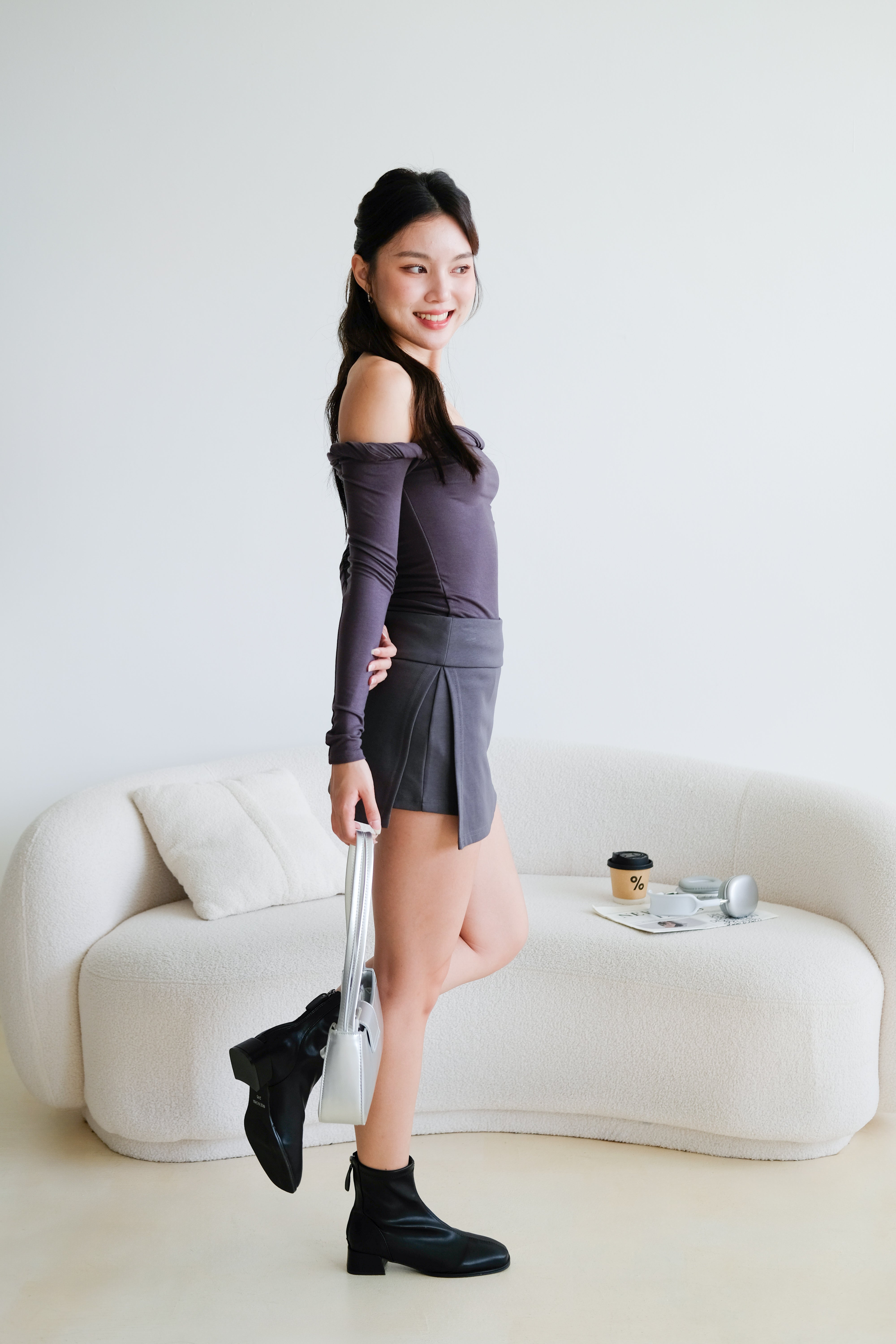 Level Up Twist Off Shoulder Top (Steel Grey)