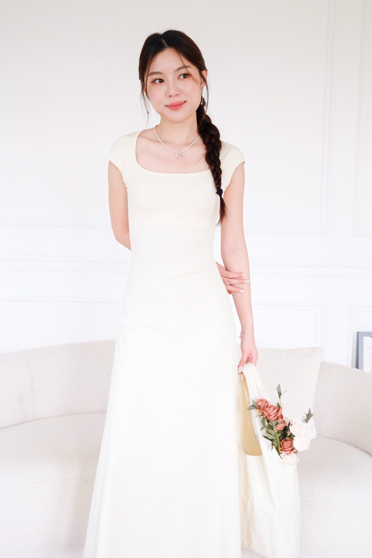 Jillian Padded Skater Maxi Dress (Beige)