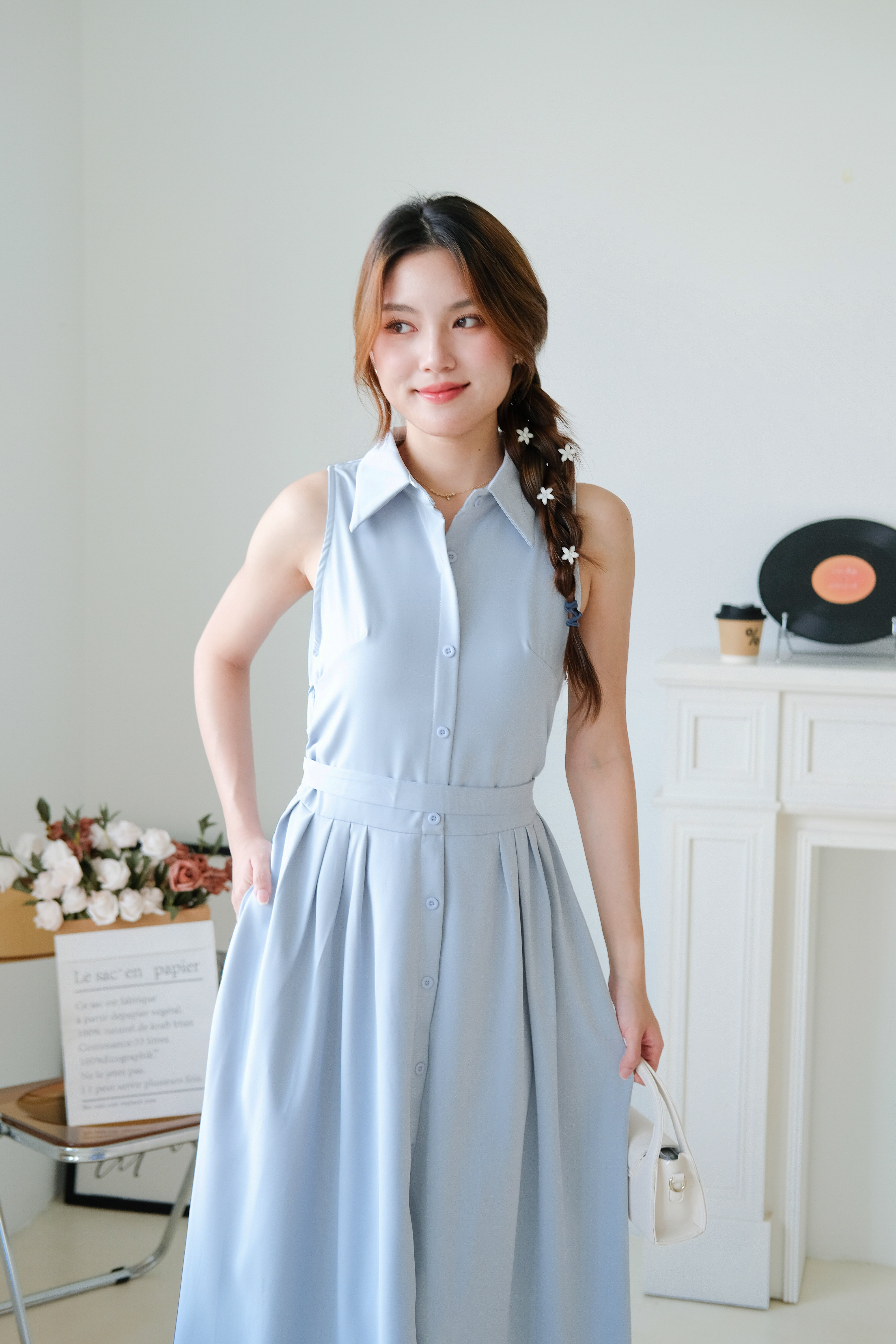 Camille Cinched Waist Collared Maxi Dress (Dusty Blue)