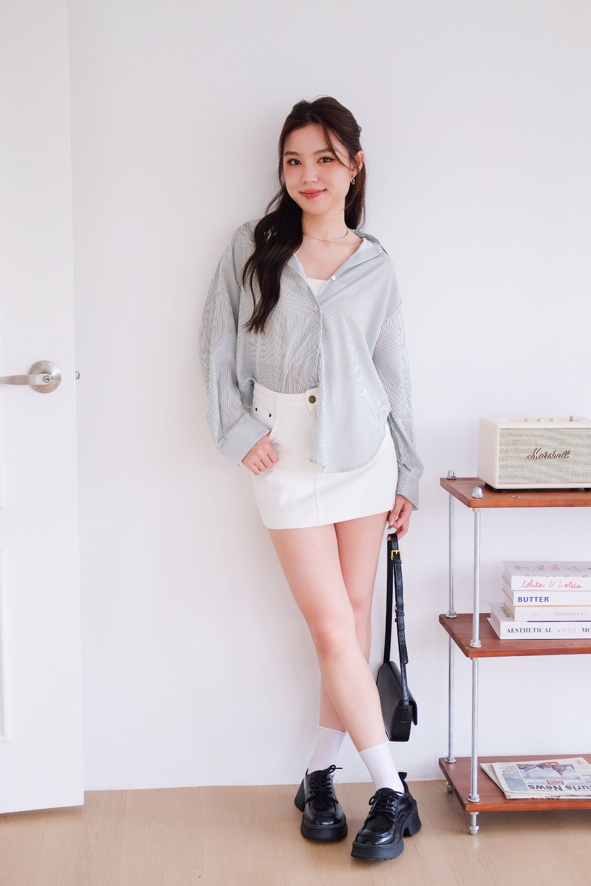 Downtown Oversized Shirt (Soft Green Stripes)