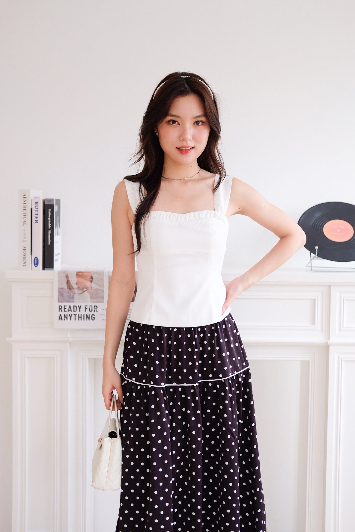 Alva Vintage Contrast A Line Skirt (Polka Black)