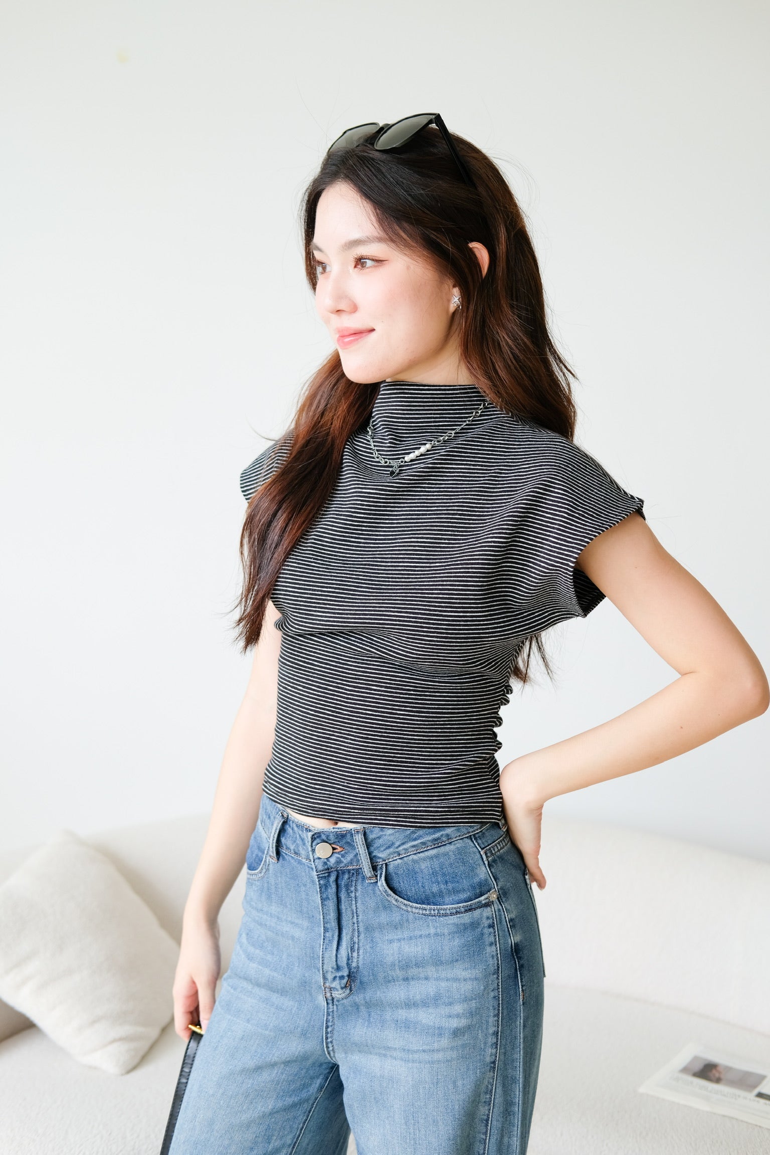 Lucca Batwing High Neck Shirt (Black Stripes)