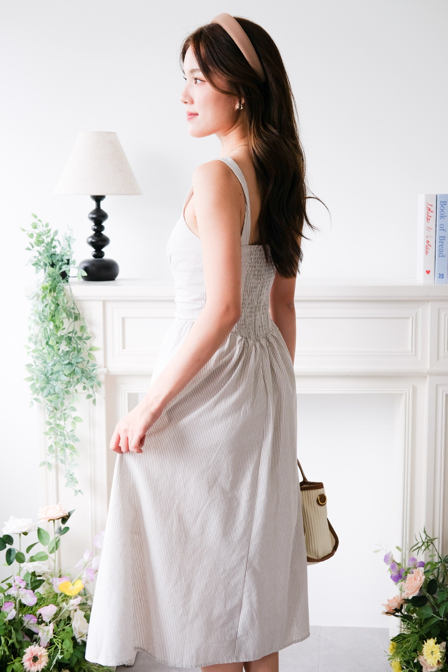 Carmie Thick Waist Midi Dress (Beige Stripes)