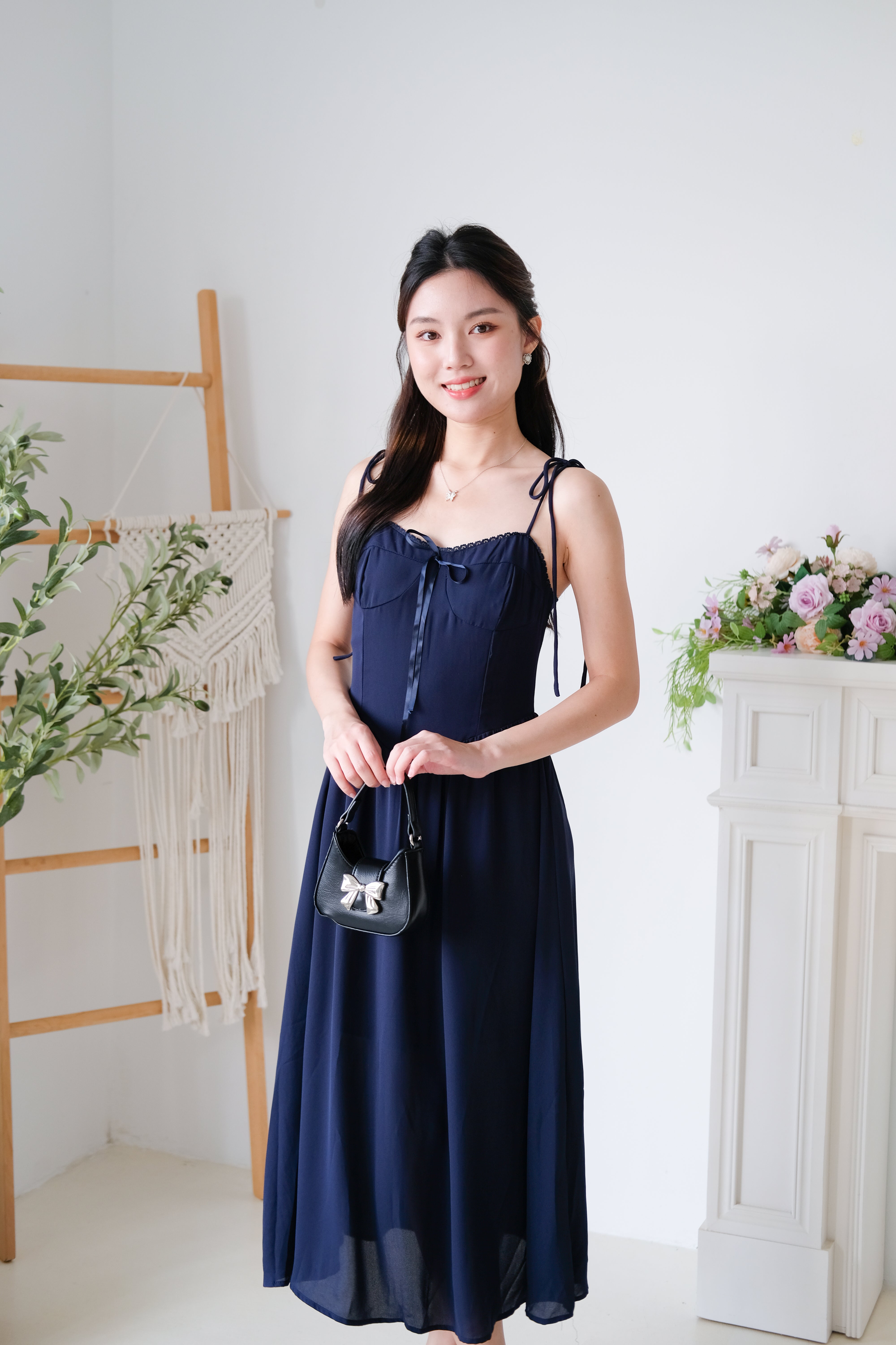 Rowena Coquette Midi Dress (Navy Blue)