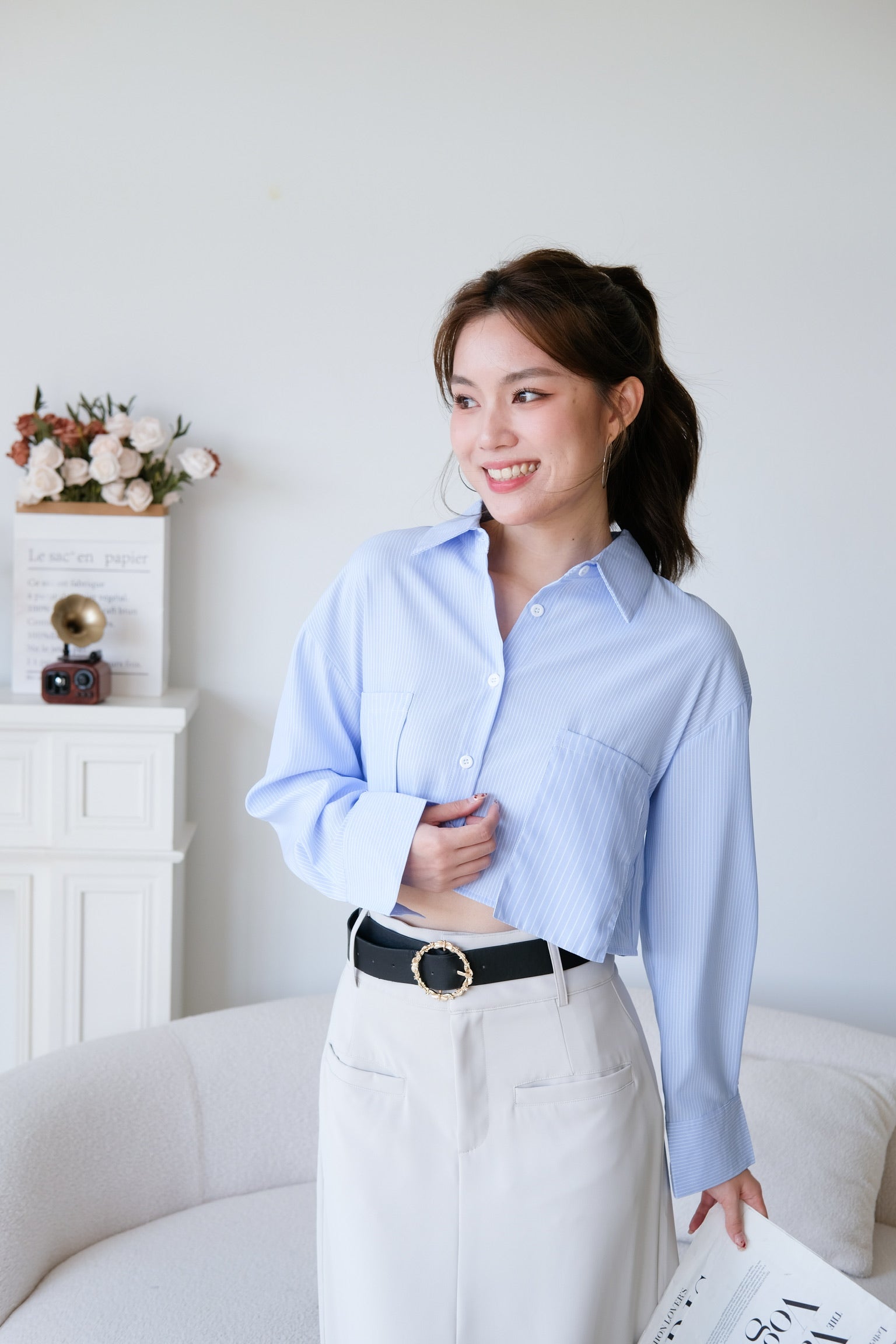 Rora Oversized Stripes Cropped Blouse (Blue)